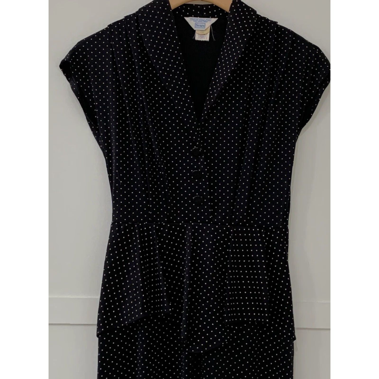 Sears VINTAGE Sears Peplum Dress 8P Petites Polka Dot Black White Rockabilly 1960s Womens Size M / US 6-8 / IT 42-44 - 3 Thumbnail