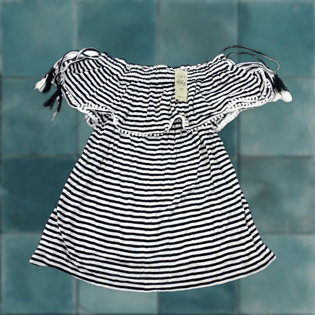 Loft LOFT Blouse Top Striped Off The Shoulder Petite XXS XS P2XS Tassel Viscose Knit Flutter Sleeve Multicolor Short Sleeve Women's Blouse Size XXS / US 00 / IT 34 - 1 Thumbnail
