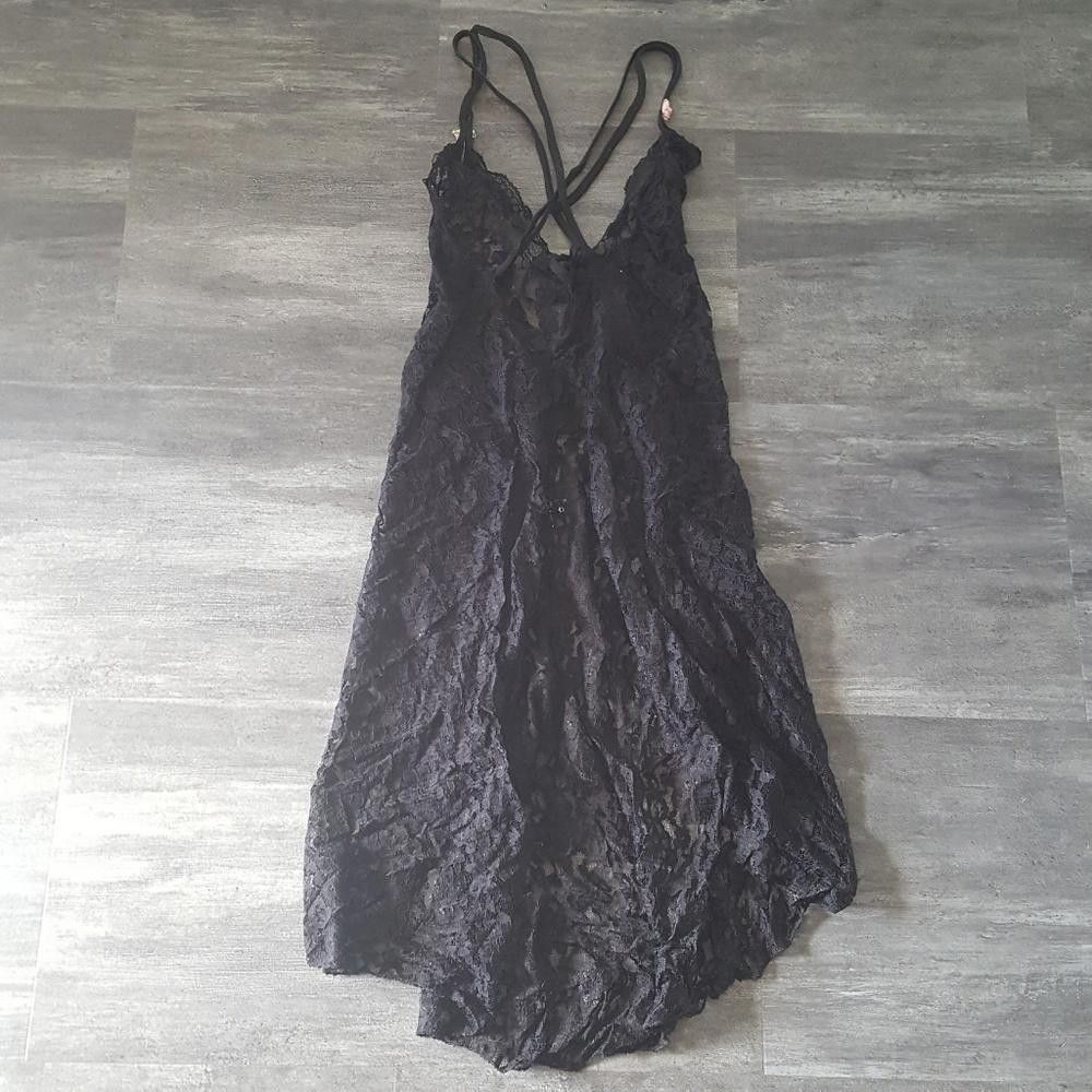 Designer Black Pink Rose Detailed Long Lingerie Nightie Size ONE SIZE - 4 Thumbnail