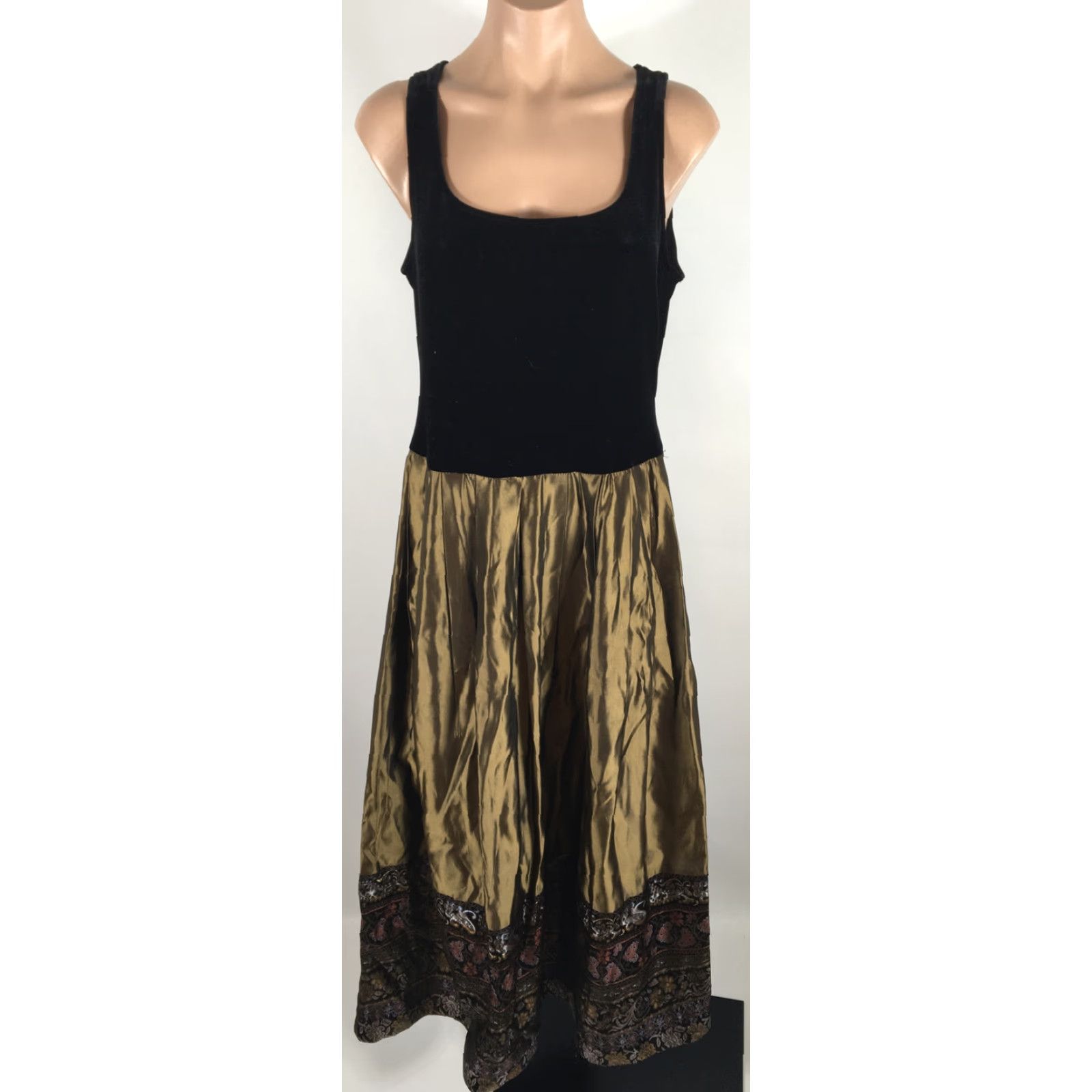 VINTAGE Patra Tafeta Dress Formal Floral Velvet Evening Gown Sleeveless Bronze Gold Maxi A-Line Long Dress