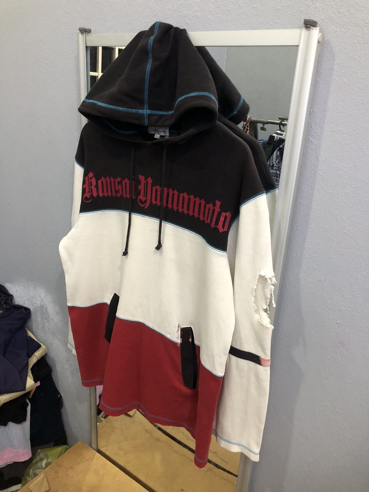 Kansai Yamamoto Vintage 90s Kansai Yamamoto Spellout Cut & Sew Hoodie Size US L / EU 52-54 / 3 - 2 Thumbnail