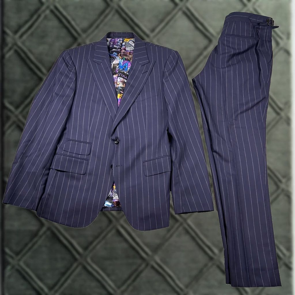 Vintage Hideoki Bespoke Suit Mens 39 Navy Wool Pin Stripe Peak Custom Tailored 32x31 Size 40R - 1 Thumbnail