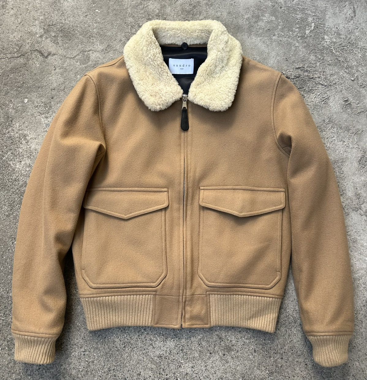 Sandro - Shearling Collar Wool/Cashmere Aviator Jacket