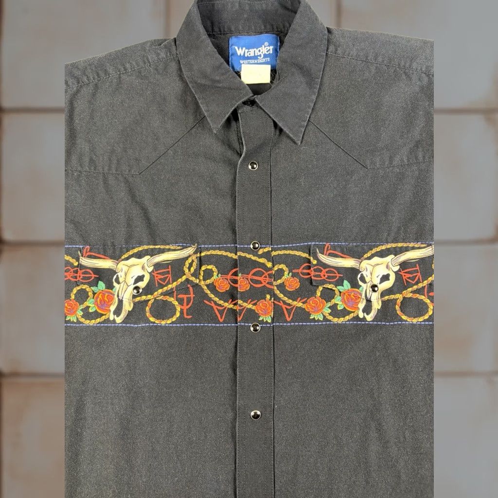 Wrangler VINTAGE Wrangler Western Shirt Button Down Pearl Snap Rose Bull Skull Horns XL Size US XL / EU 56 / 4 - 1 Thumbnail