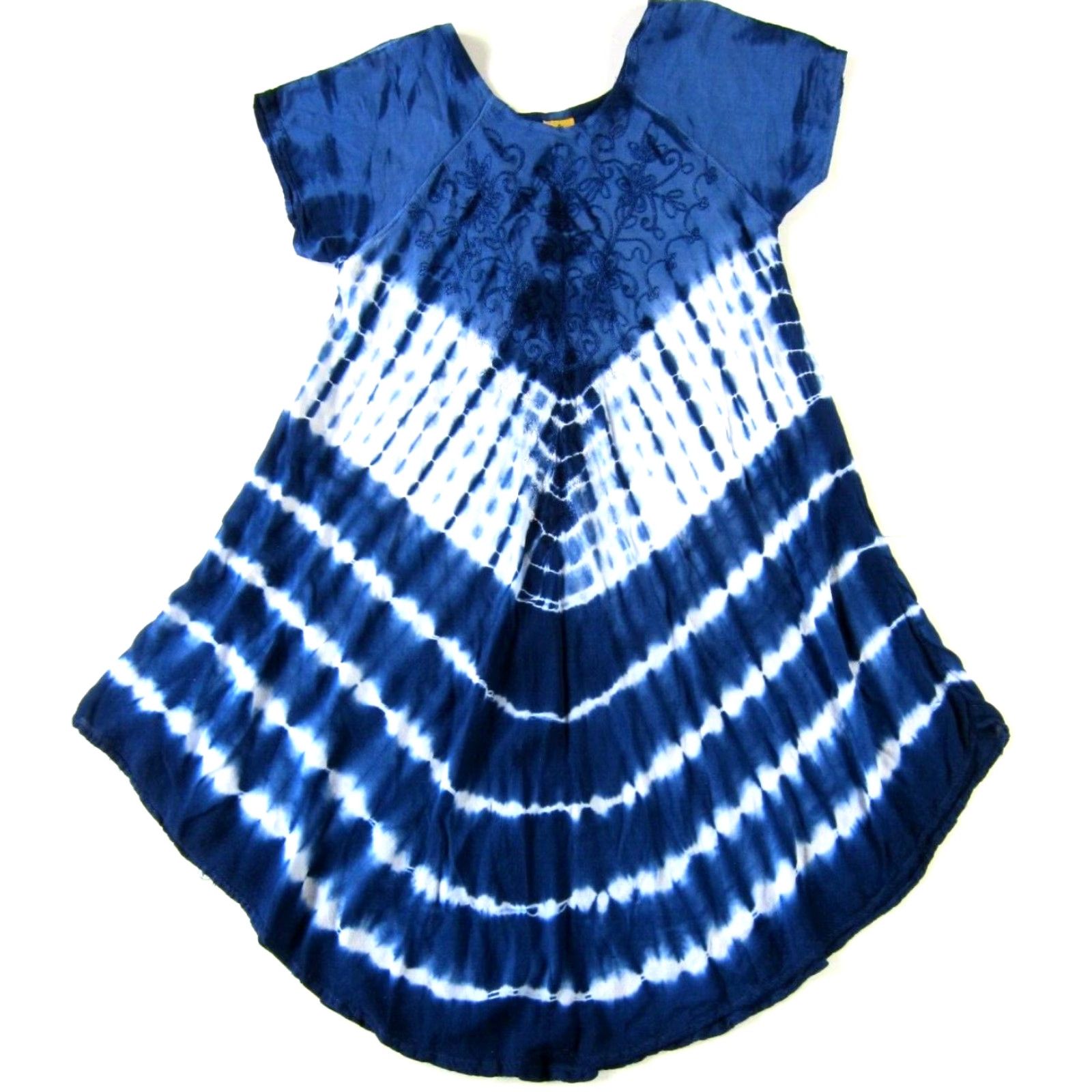 Vintage VTG Pineapple Rayon Blue White Tie Dye Short Sleeve Tunic Shift Smock Dress S-M Size 28" / US 6 / IT 42 - 2 Thumbnail