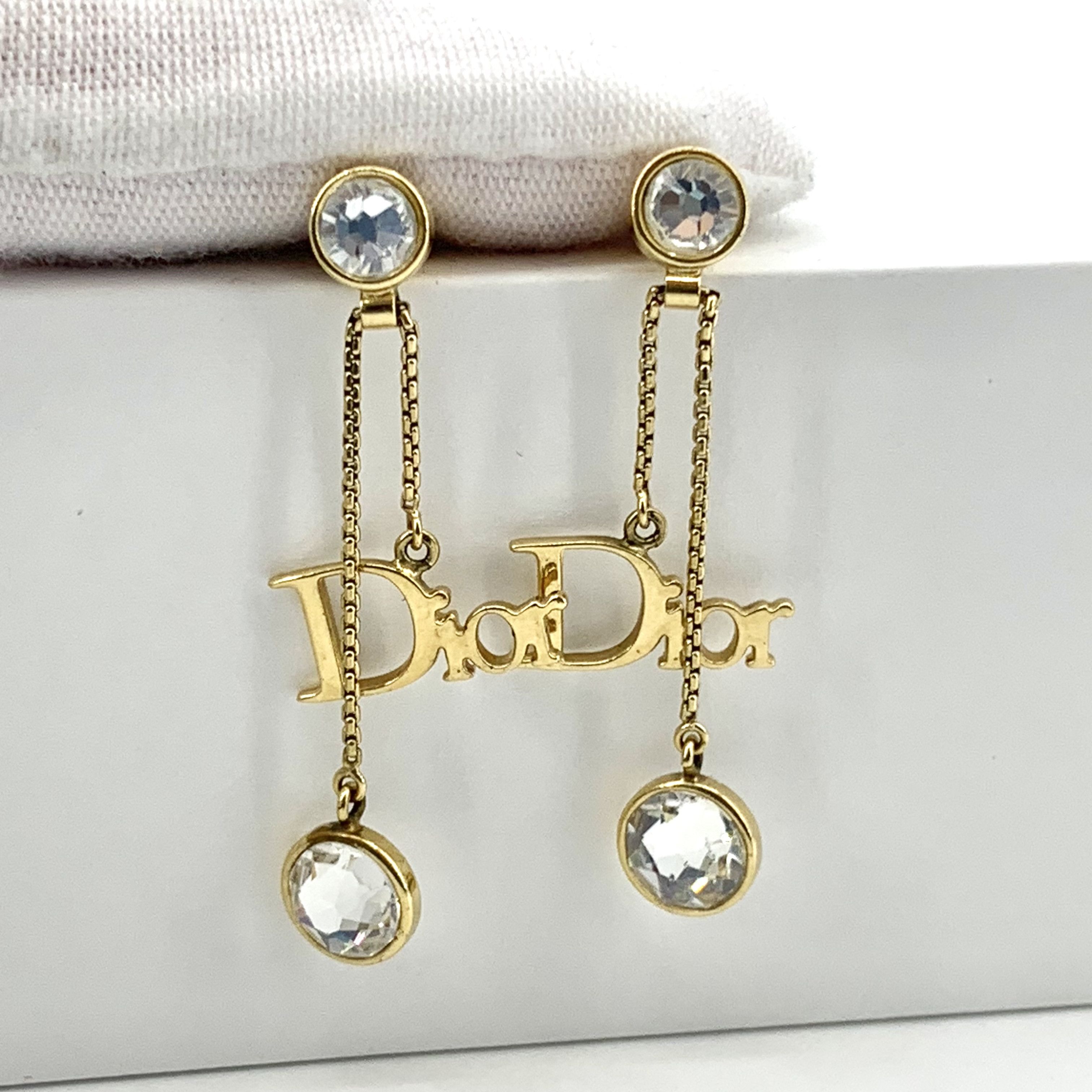 Dior Christian Dior Gold Crystal Letter Chain Earrings 4cm Size ONE SIZE - 4 Thumbnail