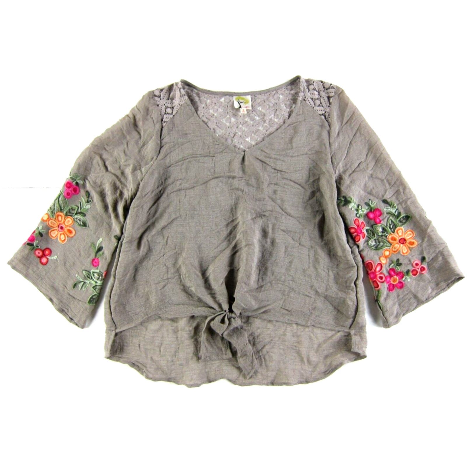 Anthropologie Fig And Flower Brown Pink Embroidered Floral V-Neck Tie Blouse L Size L / US 10 / IT 46 - 2 Thumbnail