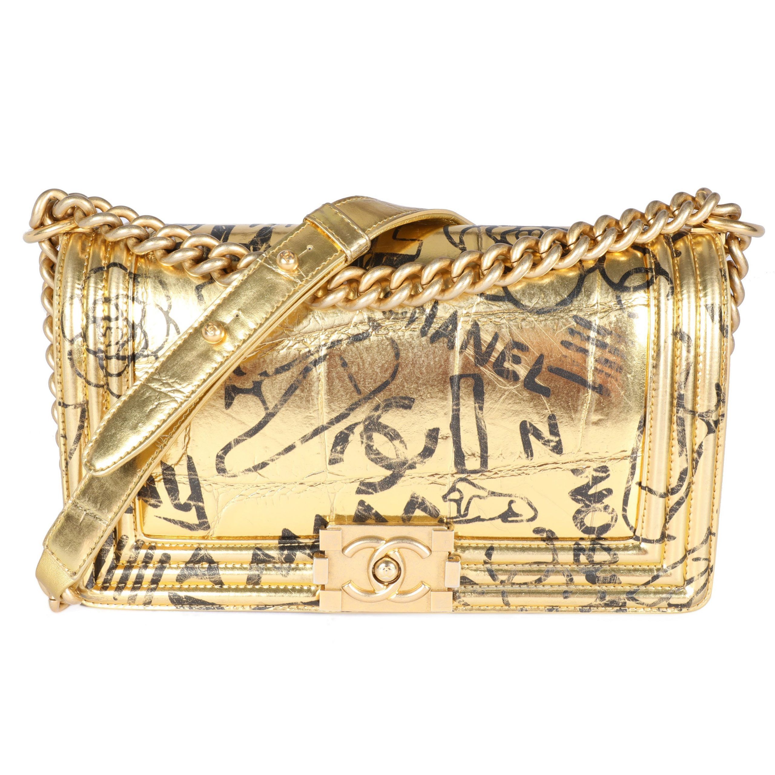 image of Chanel Metallic Gold Graffiti Crocodile-Embossed Medium Boy Bag, Women's