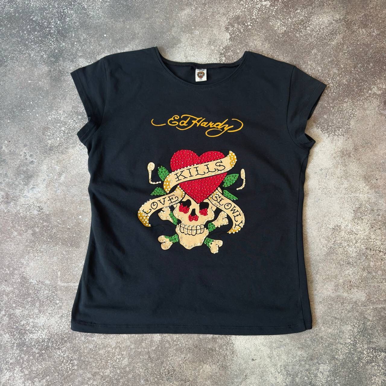 Christian Audigier × Ed Hardy Ed Hardy “Love Kills Slowly” Y2K Rhinestones T-Shirt Size L / US 10 / IT 46 - 1 Thumbnail