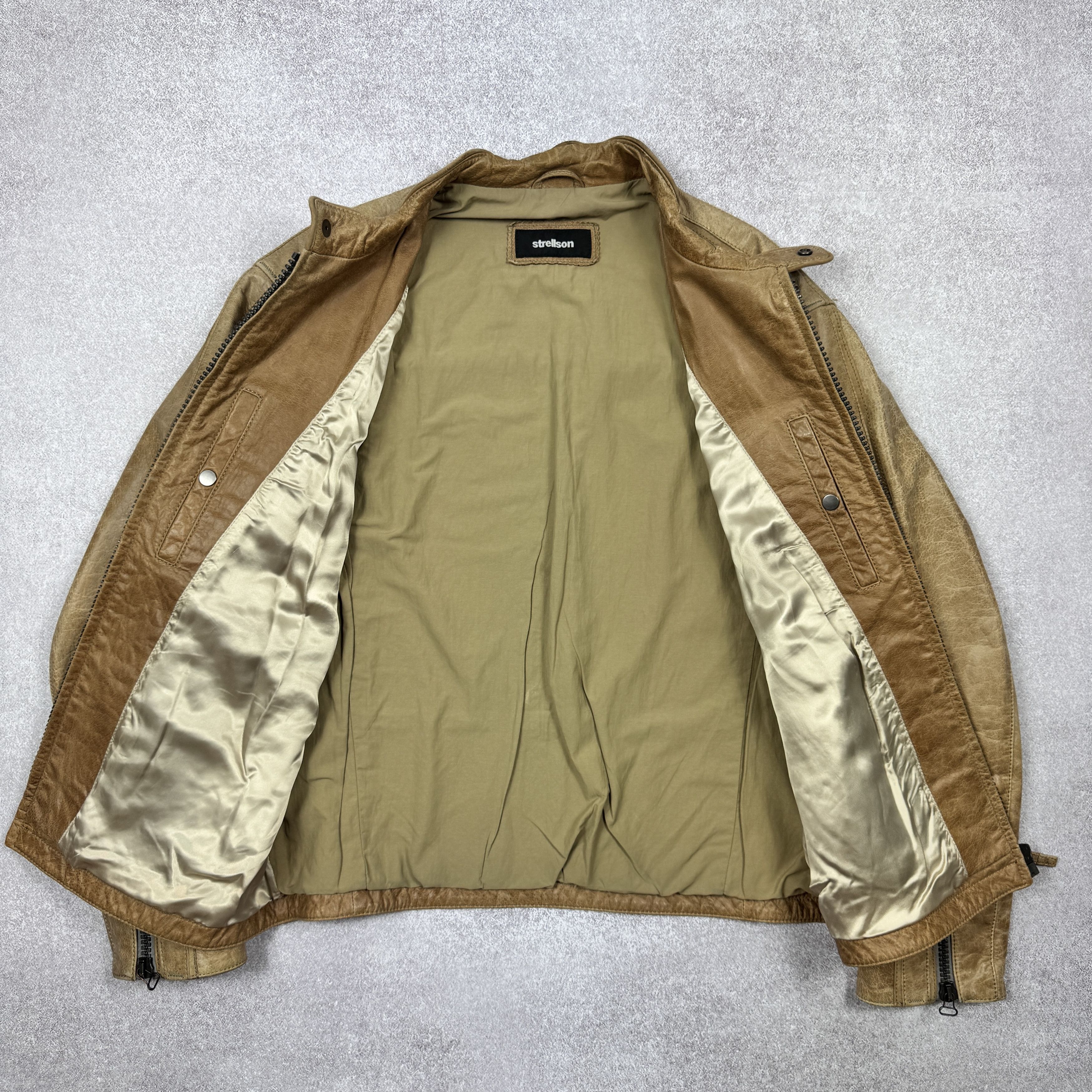 Genuine Leather × Strellson Men`s STRELLSON CARAMEL BROWN LEATHER BIKER JACKET SIZE L/52 Size US L / EU 52-54 / 3 - 7 Thumbnail
