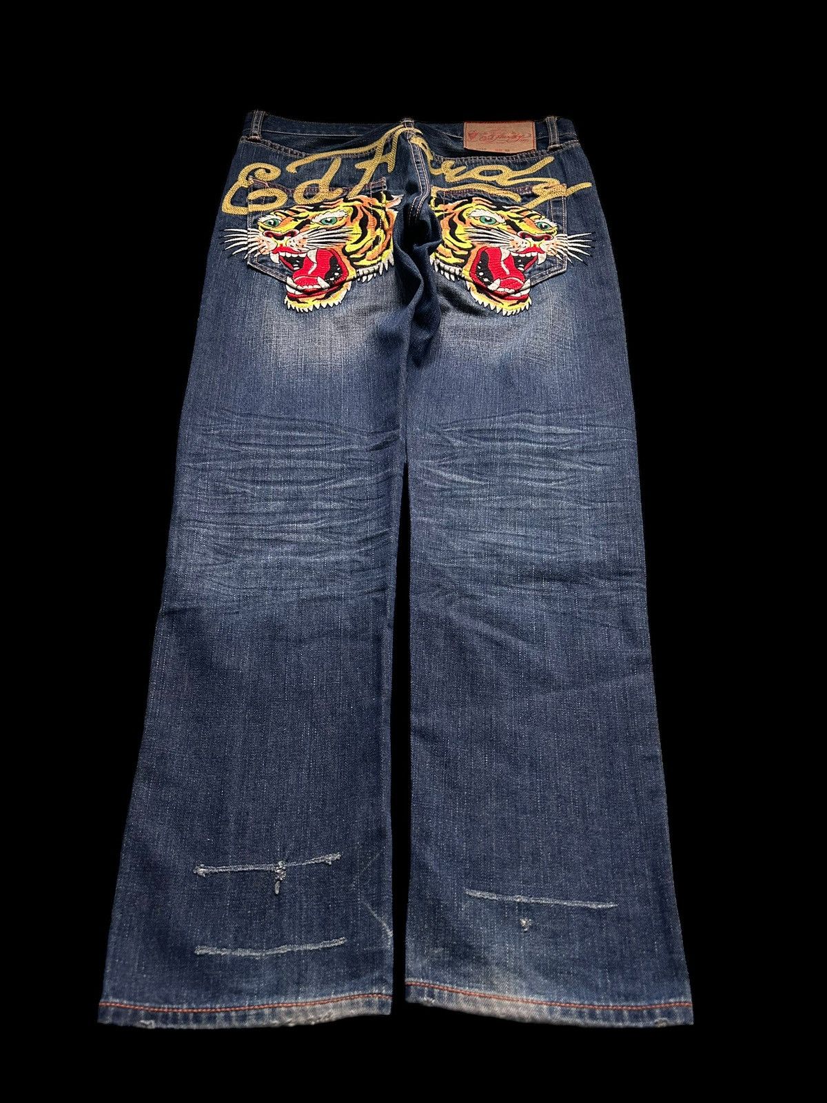 Pre-owned Christian Audigier X Ed Hardy Vintage Baggy Denim Jeans Ed Hardy Big Logo Embroidered Y2k In Navy