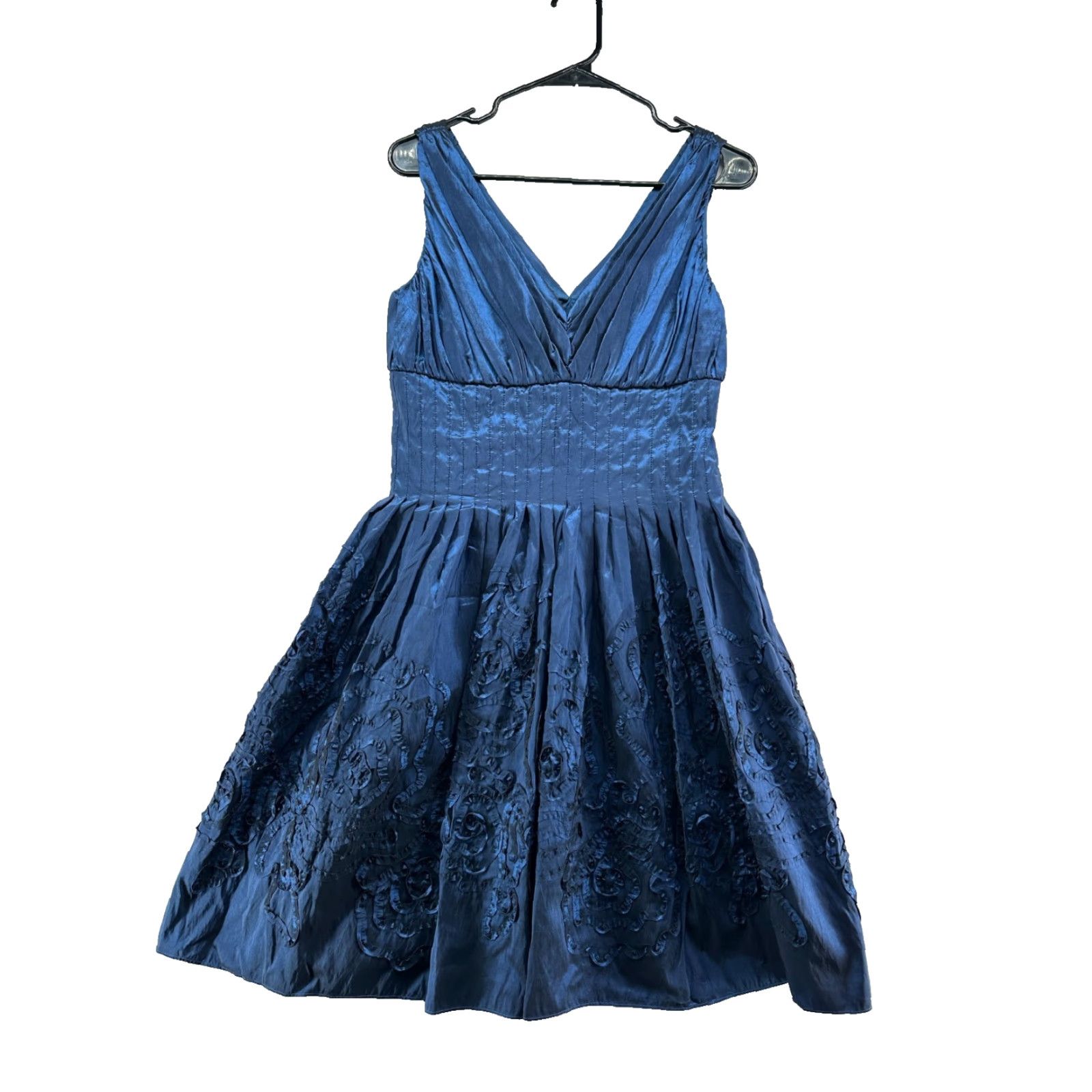 Vintage Suzi Chin Fit & Flare Dress Blue Women's 8P Sleeveless V-Neck Midi Cocktail Party Formal Petite Size M / US 6-8 / IT 42-44 - 2 Thumbnail