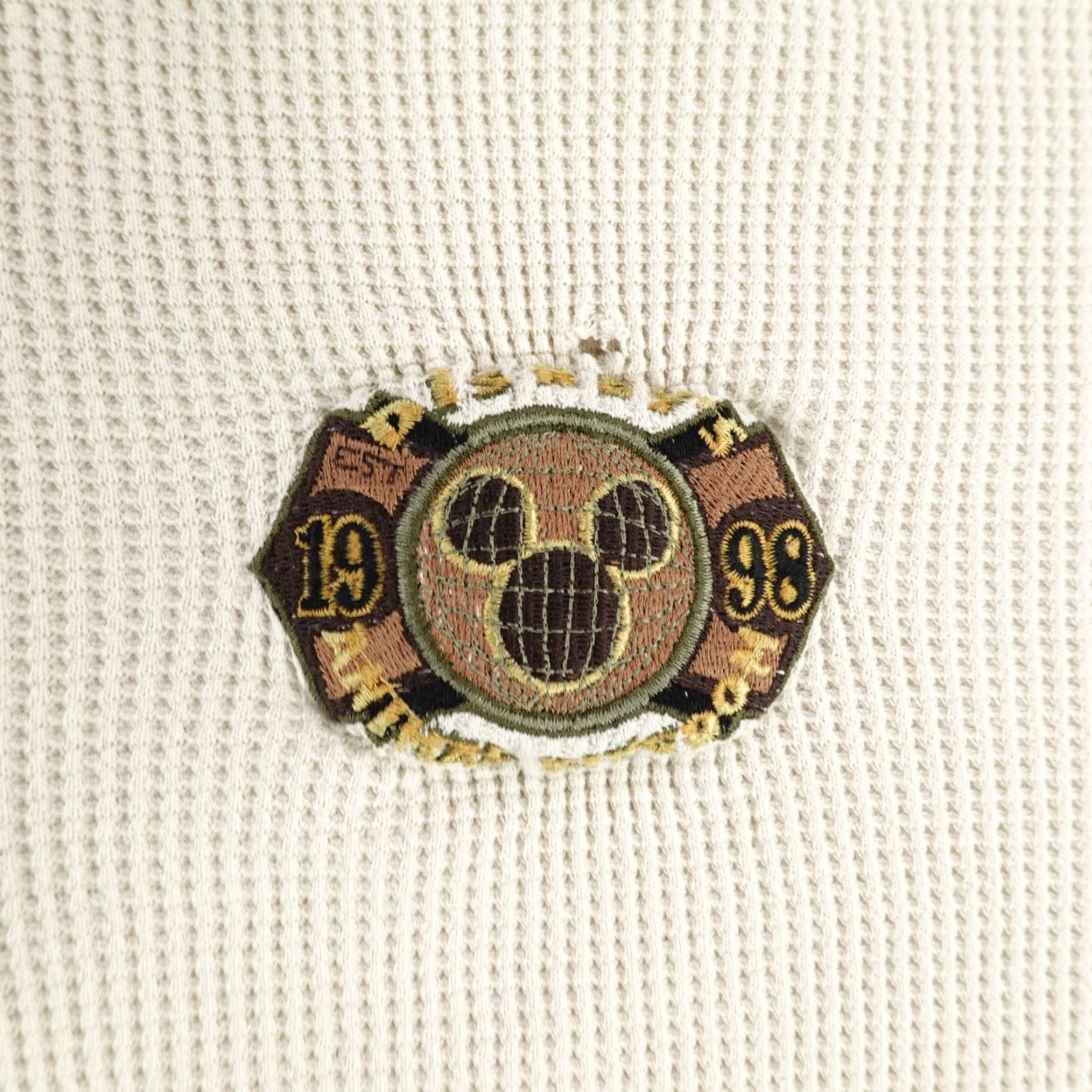VINTAGE Disney Polo Shirt Mens Small Beige Long Sleeve Waffle Knit Thermal 1998 Animal Theme