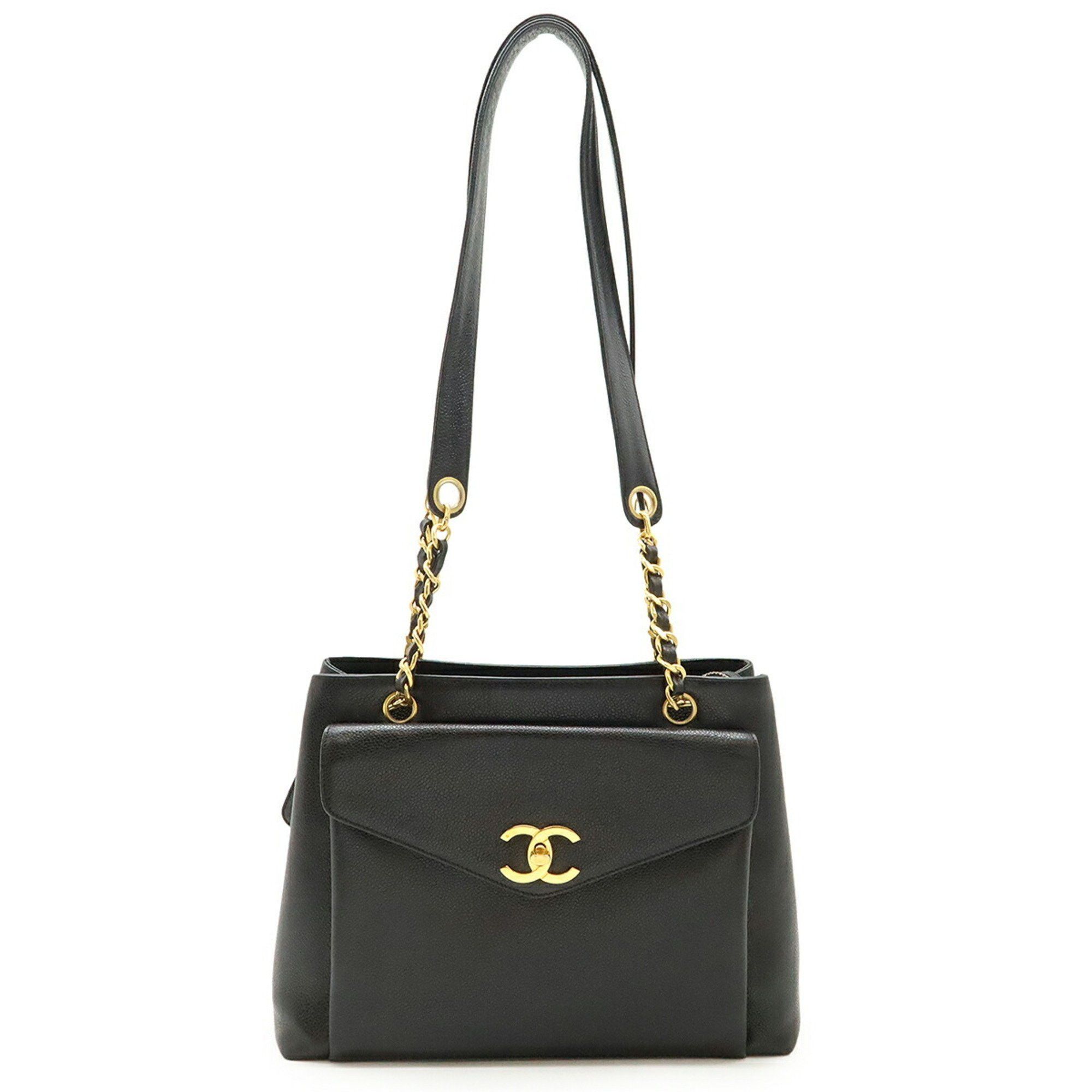 Chanel Coco Mark Tote Bag Chain Shoulder Caviar Skin Leather Black A05572, Women's