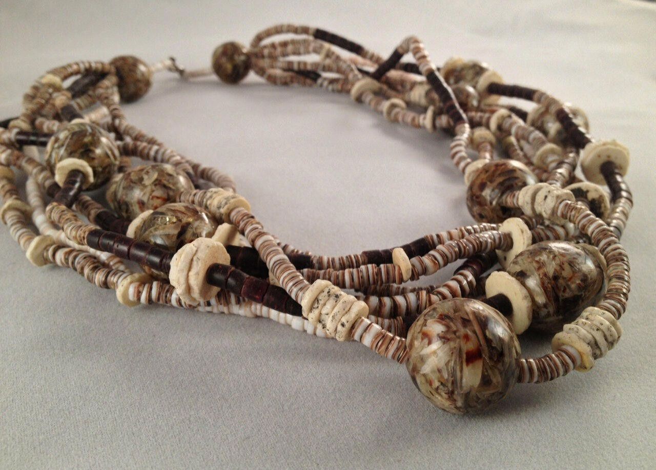 Handmade Multi Strand Ostrich Eggshell Lucite Heishi Bead Necklace Size ONE SIZE - 1 Thumbnail