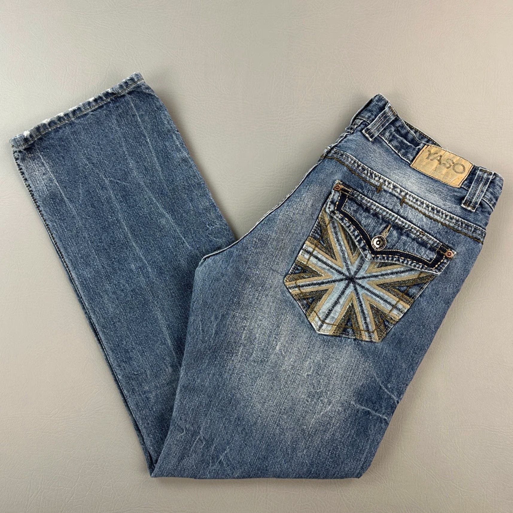 Vintage VINTAGE YASO Jeans Mens 34x33 Blue Straight Distressed Embroidered Pocket Y2K Jeans Size US 34 / EU 50 - 2 Thumbnail