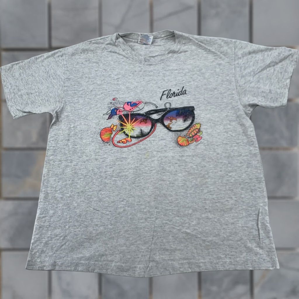Hanes VINTAGE Florida Beach Sunset Shirt Mens L Gray 90s Flamingo Hanes Cotton Graphic Print Tee Size US L / EU 52-54 / 3 - 1 Thumbnail