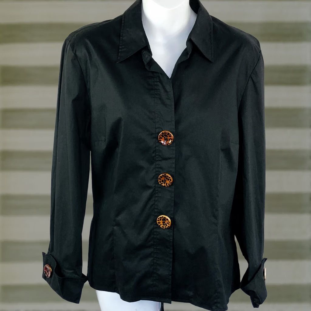 Vintage Spence Career Glam 90s Y2K top L Lg blk leopard buttons Cuffed Long Sleeve nwot Size L / US 10 / IT 46 - 1 Thumbnail