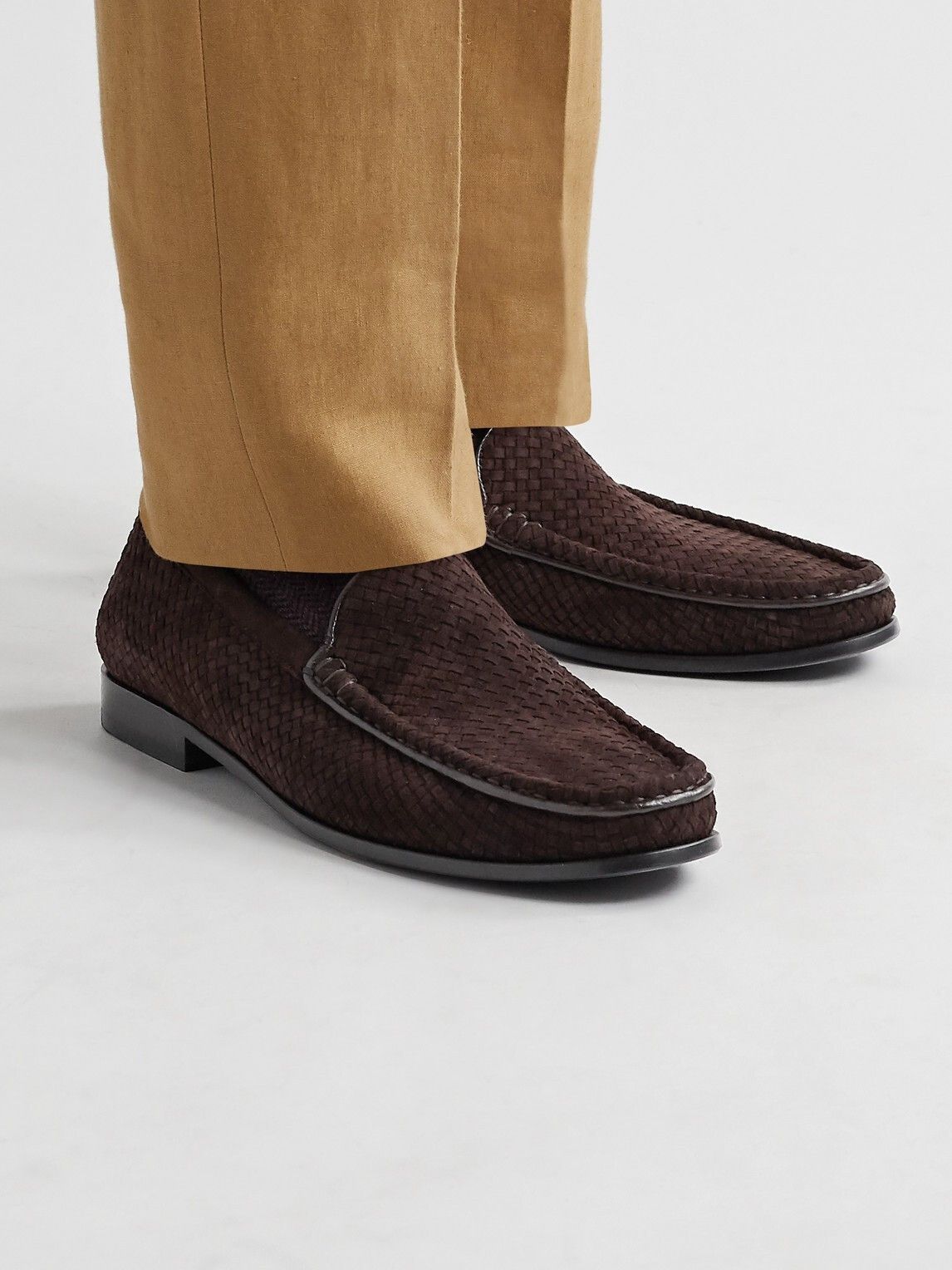 Collapsible-Heel Leather-Trimmed Woven Suede Loafers in Brown, Men's (Size 9.5) — image 3 of 6