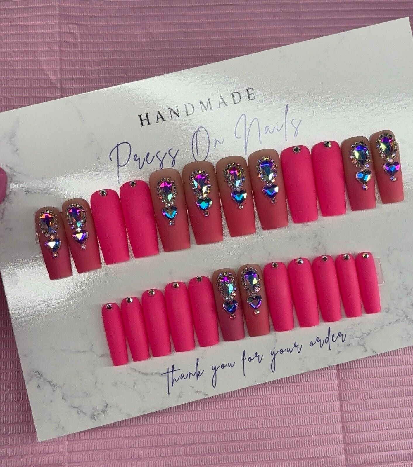 Handmade Long square Press on nails pink ombré rhinestones matte nude Size ONE SIZE - 1 Thumbnail