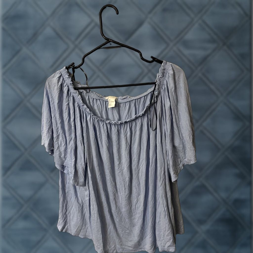 H&M H&M Blouse Women’s White Off Shoulder Short Sleeve Elastic Relaxed Fit Size M L Blue Rayon Shirt Vintage No Size L / US 10 / IT 46 - 1 Thumbnail