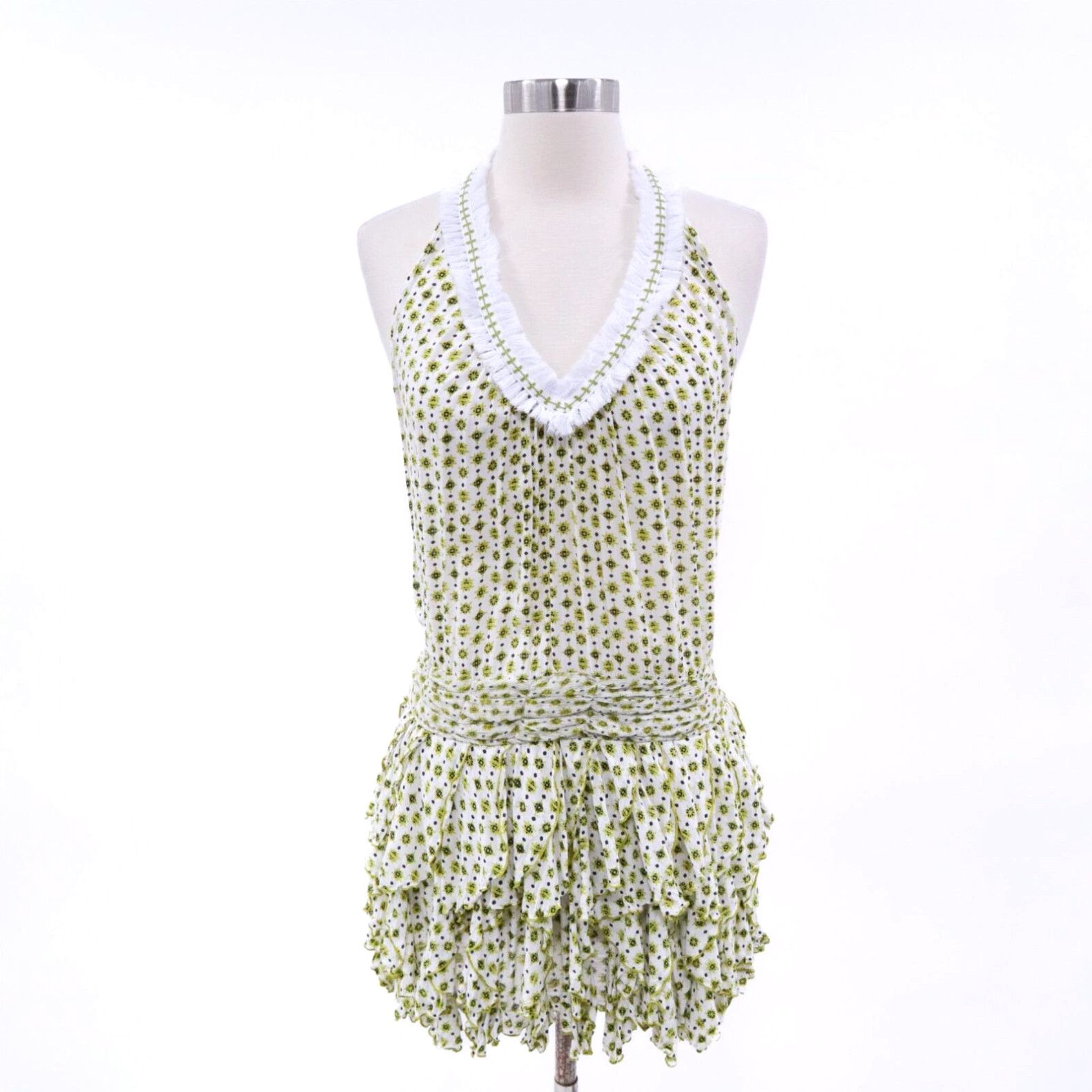 image of Poupette St Barth Poupette St. Barth Mini Dress Beline Womens S Small Ruffles White Green Fringe