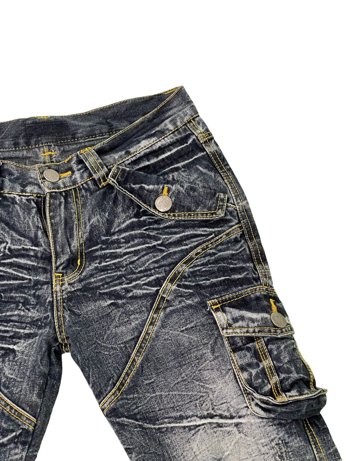 Japanese Brand Flare Jeans Cargo Low Box Crazy Faded Distress Boot Cut 6🟦2 Size US 29 - 11 Thumbnail