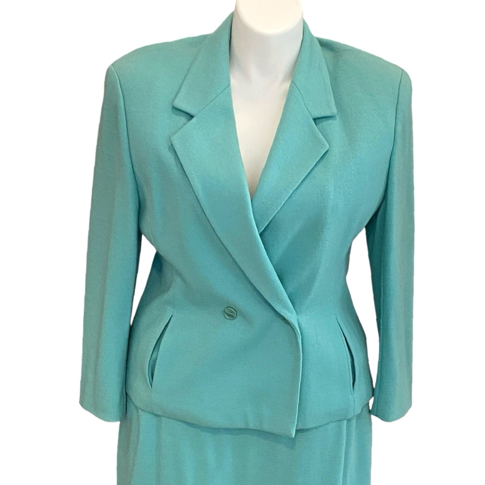 Vintage VINTAGE Bleyle Blazer Skirt Set Wool Turquoise Classic Size 18 14 Top Women Sleeves Long Wool Felted Dry Clean Only Belted Collared Open Fall Winter Size XXL / US 16-18 / IT 52-54 - 3 Thumbnail