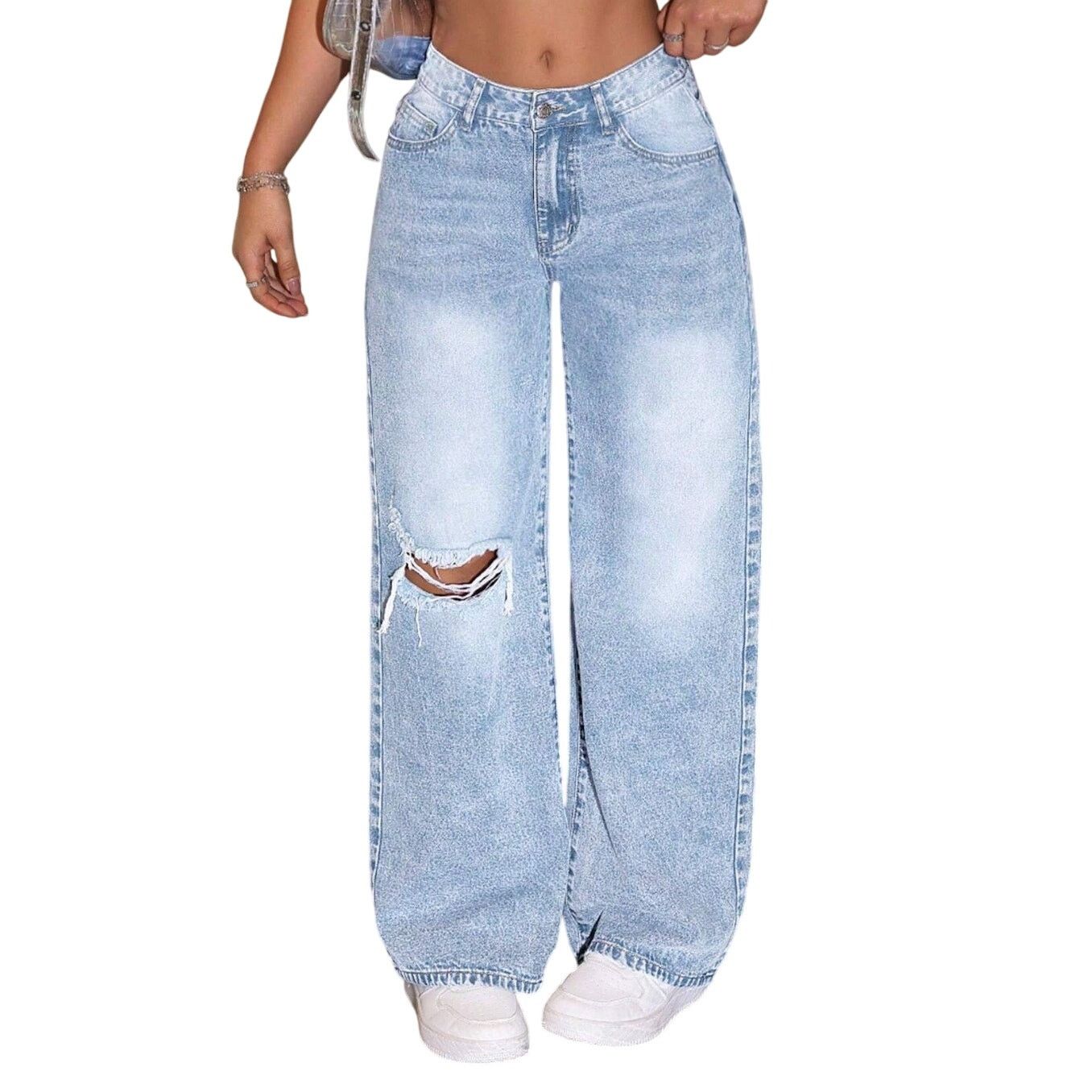 Shein Baggy-Slim Fit Distressed Washed Denim Jeans Blue, Size 4/28 Size 27" / US 4 / IT 40 - 1 Thumbnail