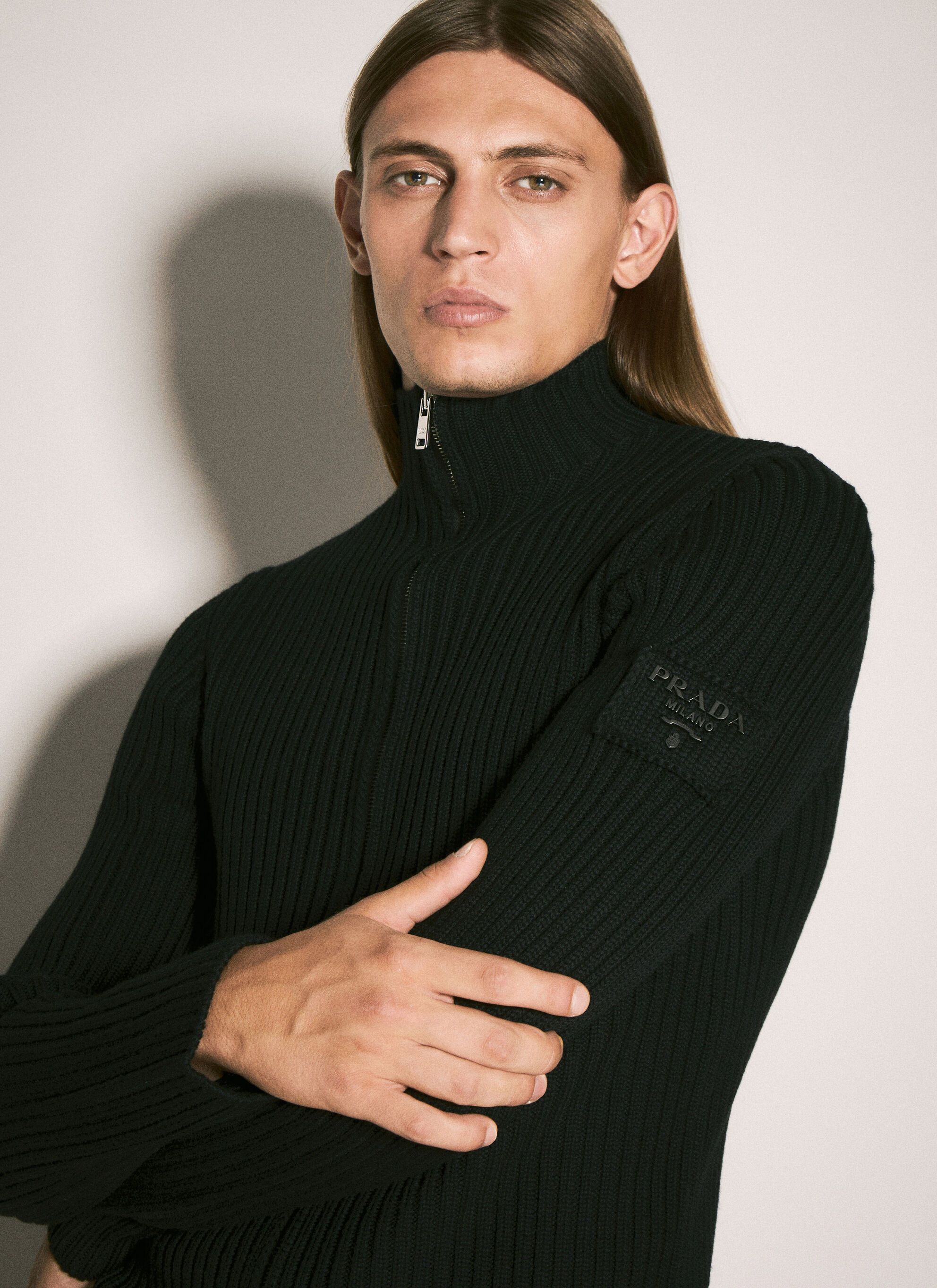 Prada Men's' RIbbed Wool Zip-Up Cardigan in Black
