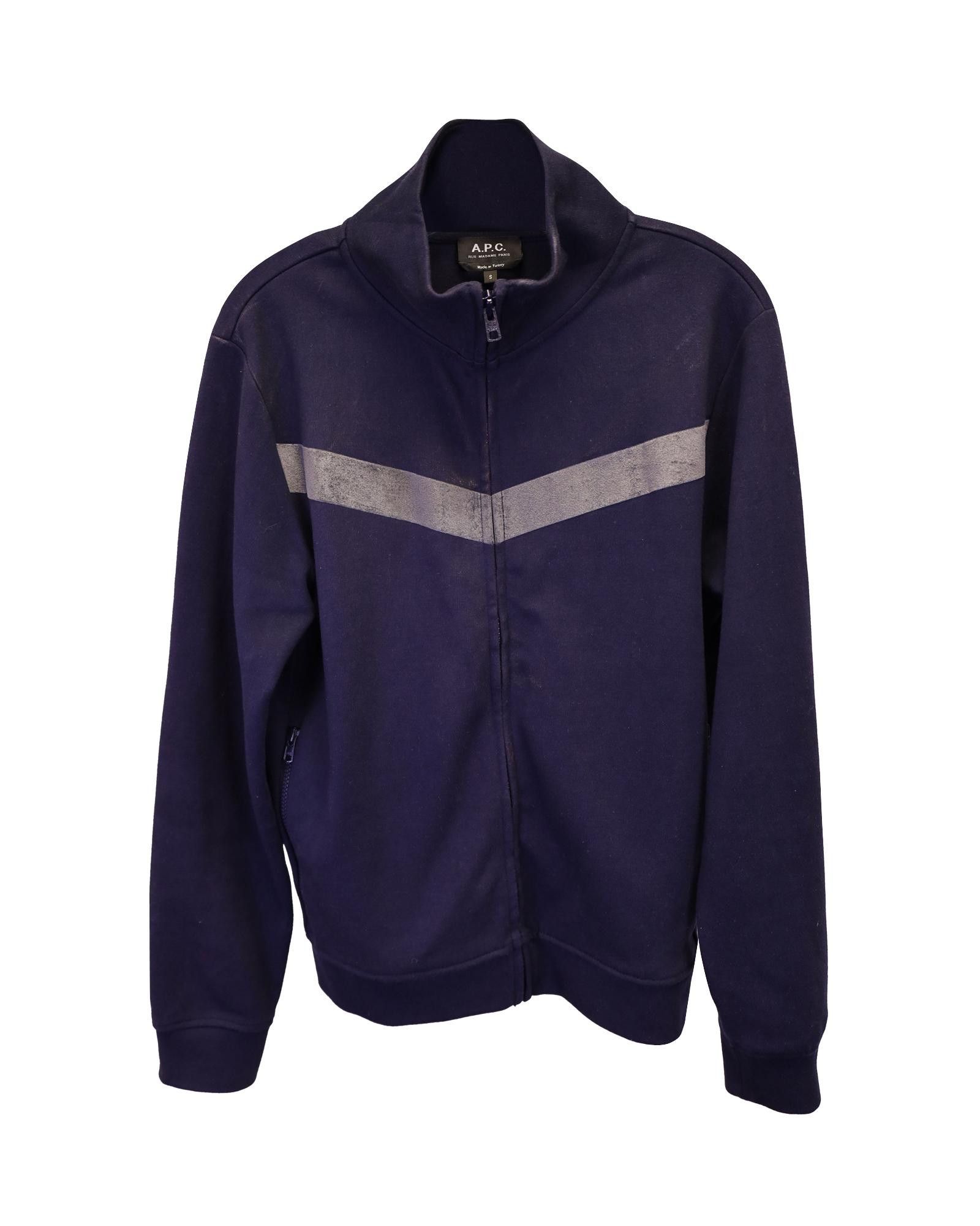 image of A P C Navy Blue Cotton Track Jacket With Chevron Trim By , Men's (Size Small)