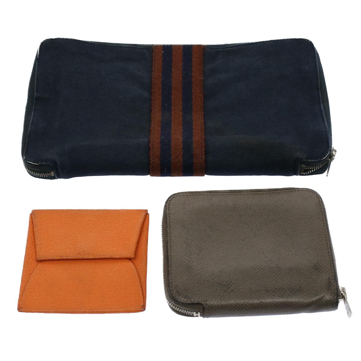 image of Hermes Wallet Leather Canvas 3Set Navy Orange Gray Auth Bs8397 in Navy/Orange/Gray, Women's