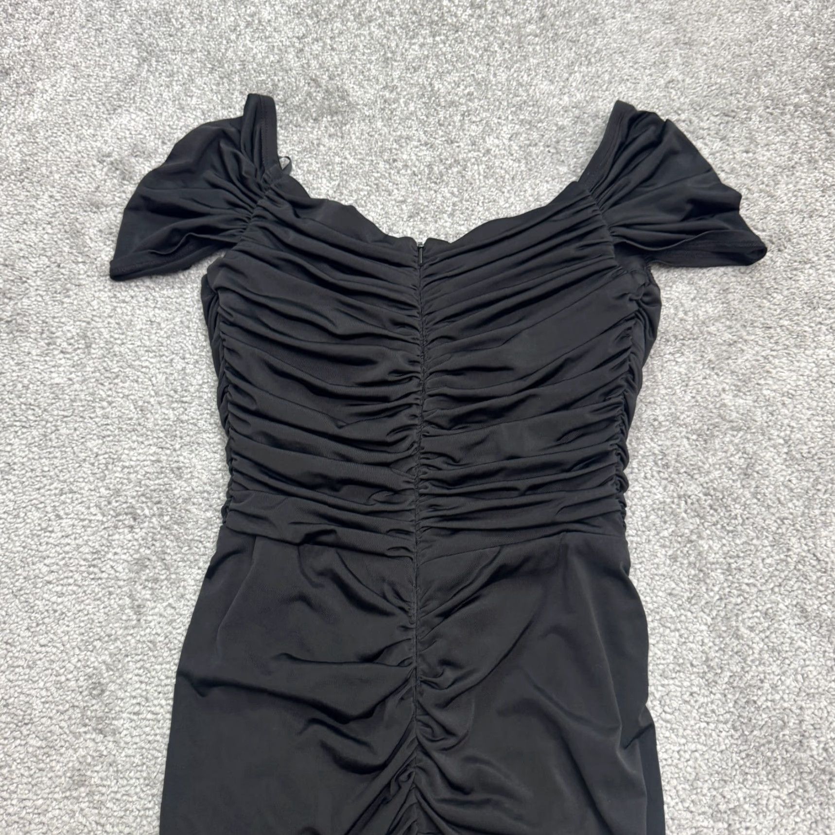 VINTAGE Jessica McClintock Bodycon Dress Womens 2 Black Short Off Shoulder  Ruched 90s