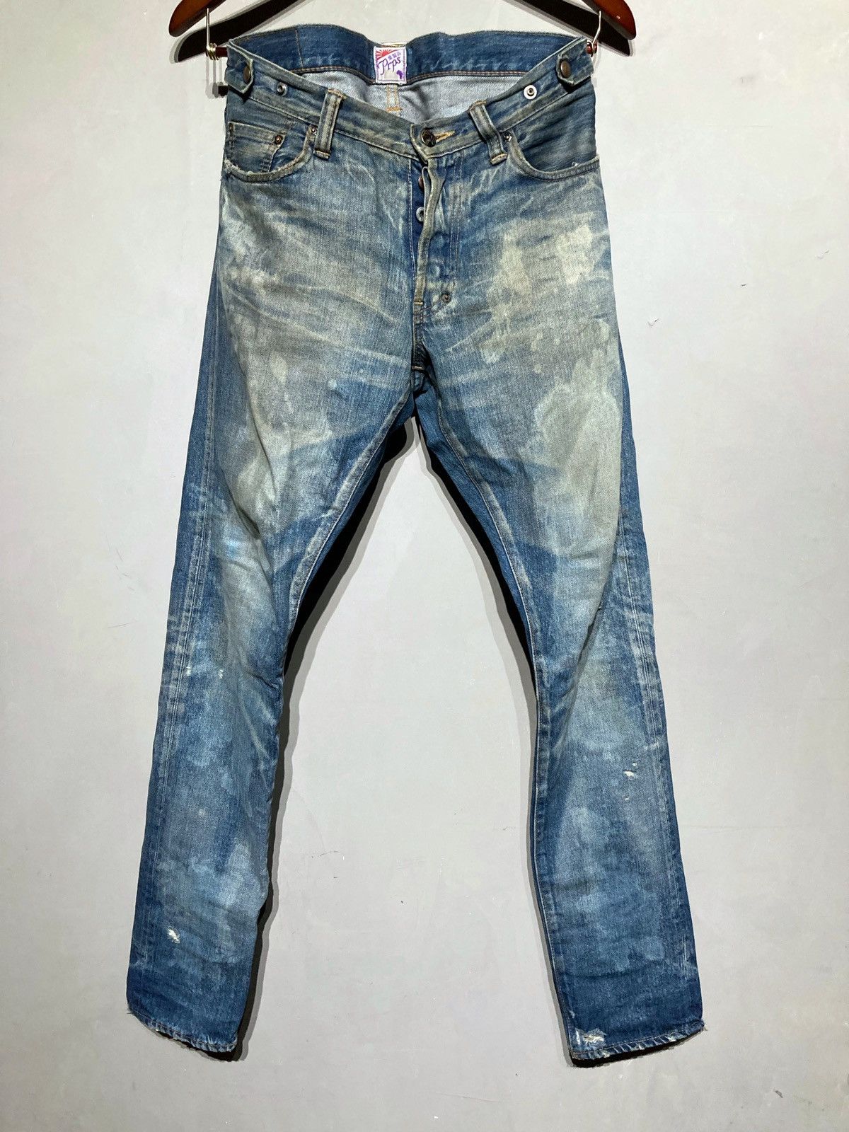 image of Prps $587 OG Japanese Denim Distressed Dark Wash Wide Leg Jeans in Blue, Men's (Size 32)