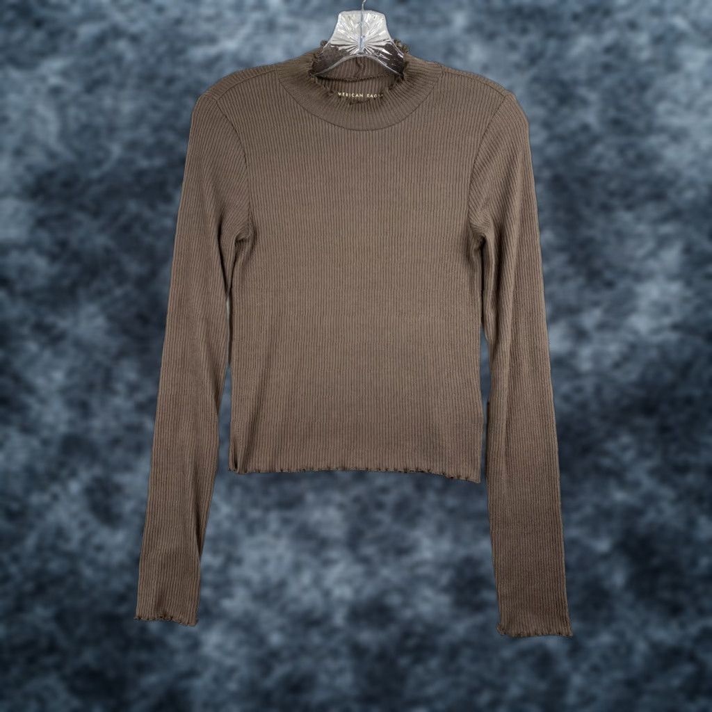 American Eagle Outfitters American Eagle Sweater Top Sz S Brown Ribbed Mock Neck Ruffle Cropped Pullover Size S / US 4 / IT 40 - 1 Thumbnail