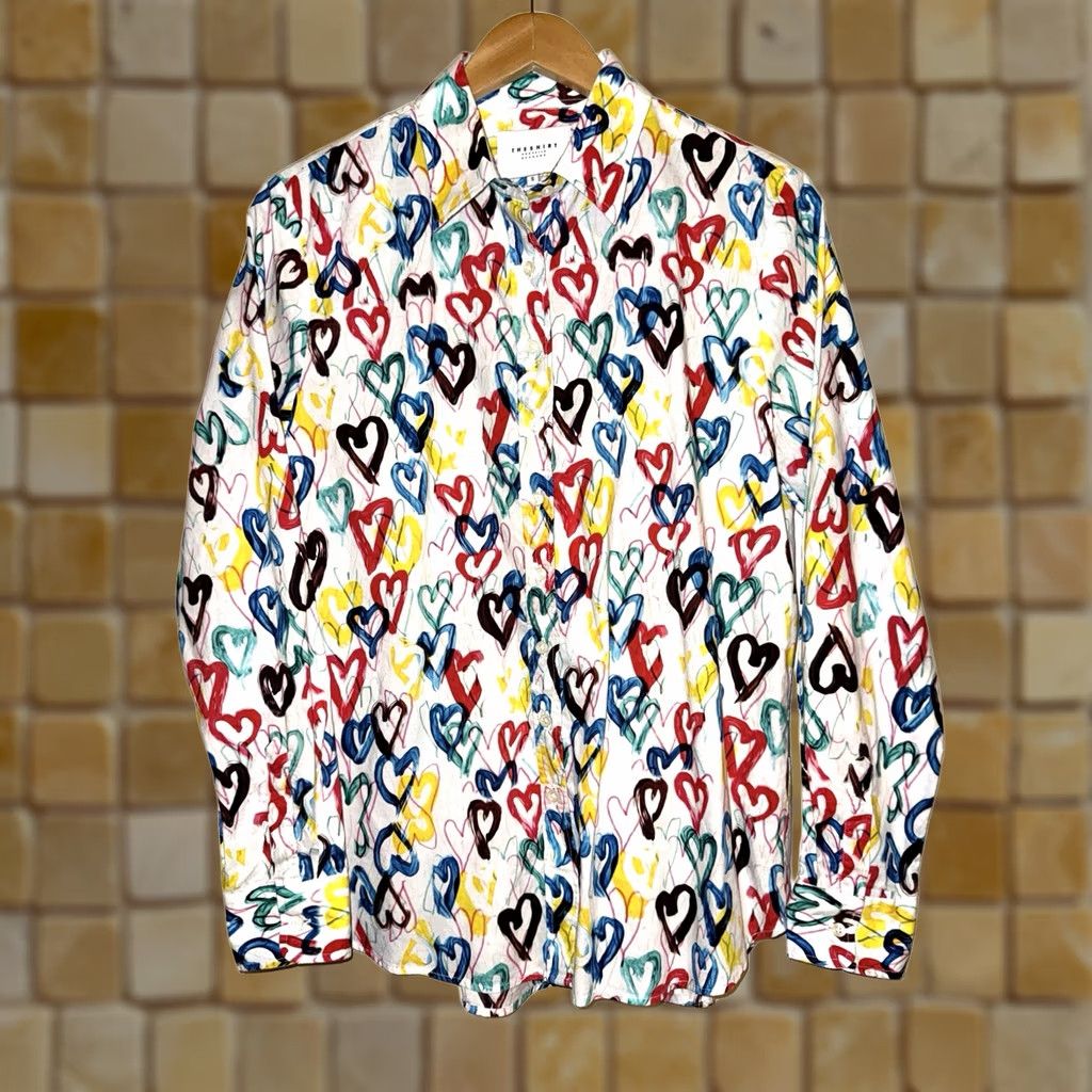Vintage Rochelle Behrens The Shirt Womens Small Button-Up Hearts Long Sleeve White 100% Cotton Regular Fit Collared Button-Down Shirt Mens Womens Girls Boys Size S / US 4 / IT 40 - 1 Thumbnail