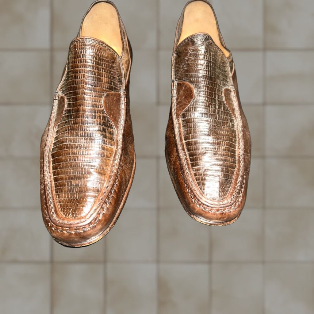 VINTAGE Bruno Magli Adano Bown Lizard Leather Slip On Loafers Men 8 Brown Leather 70s Dress Shoes