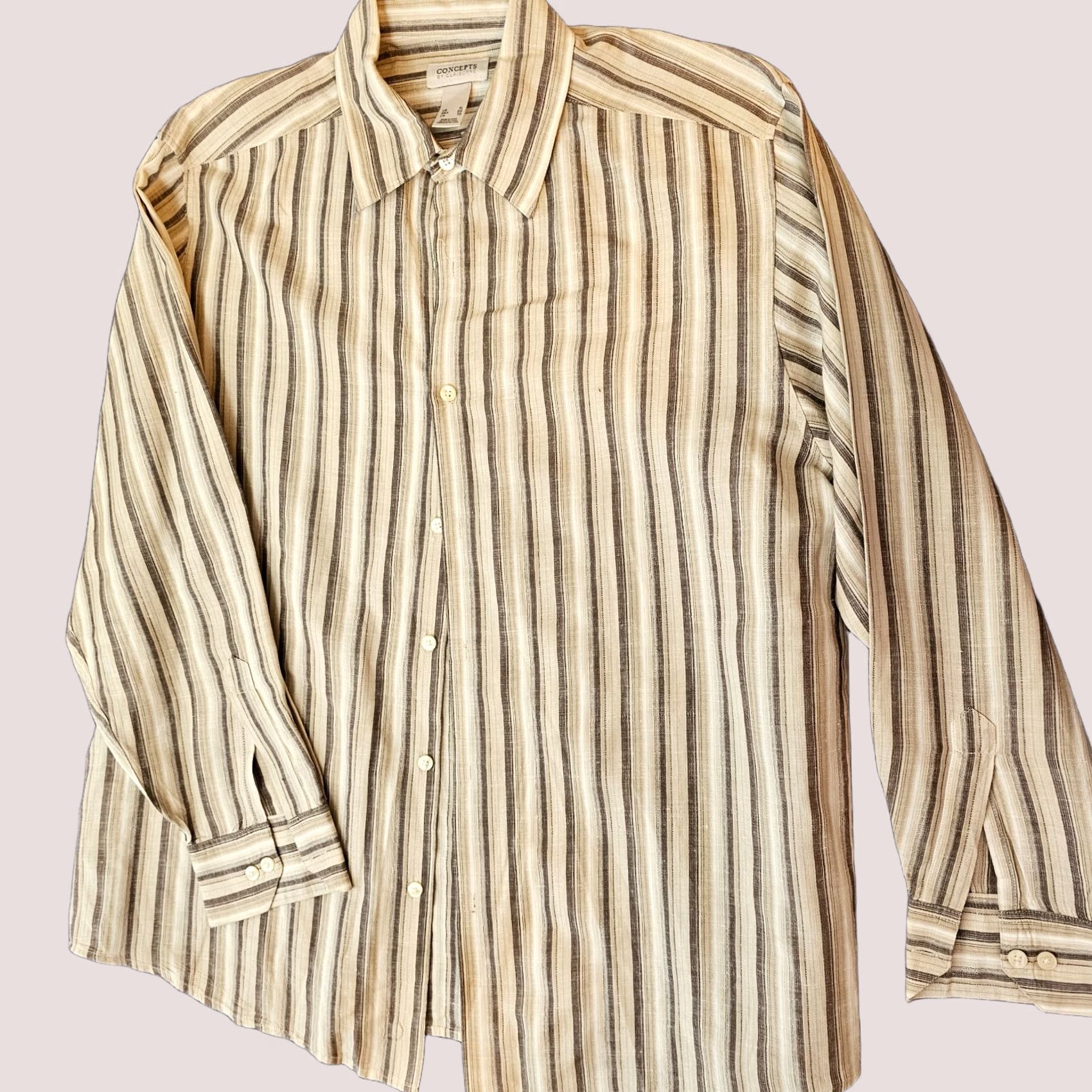 Vintage CONCEPTS BY CLAIBORNE Shirt XL Beige Striped Long Sleeve Button-Up Cotton Linen Size US XL / EU 56 / 4 - 1 Thumbnail