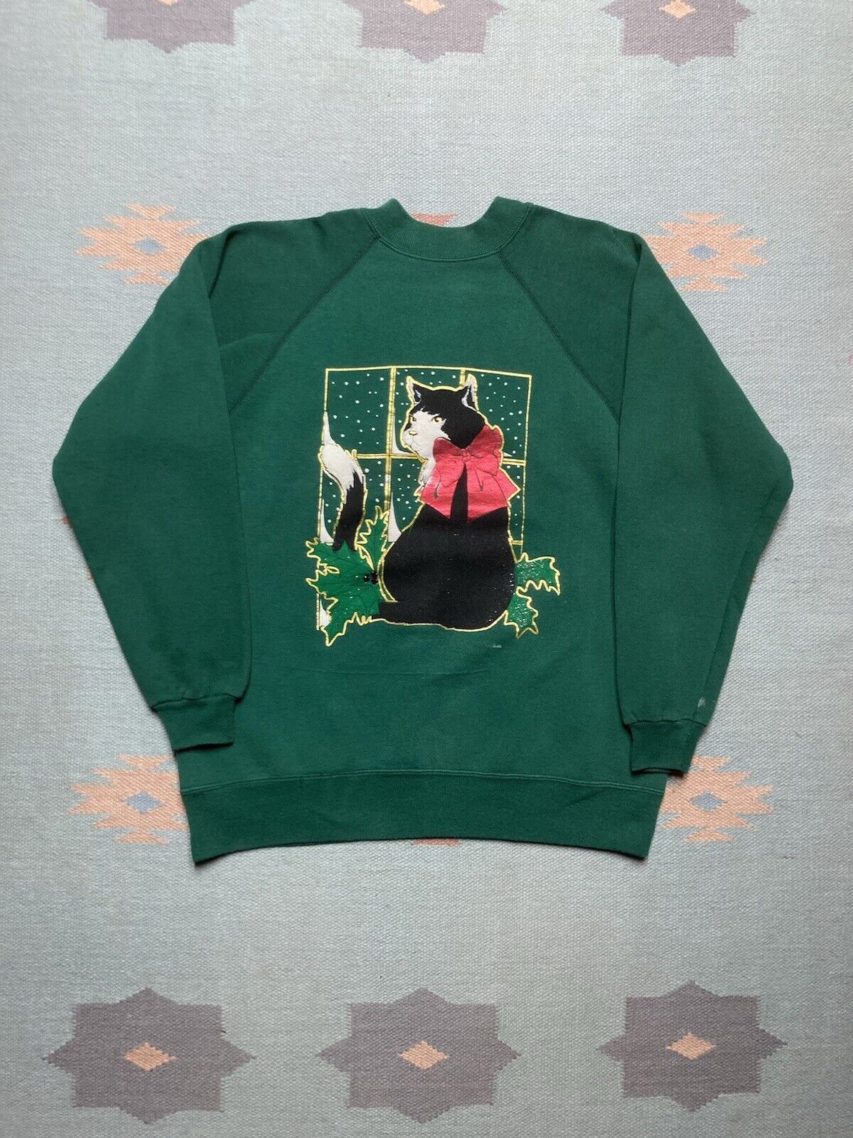 Hanes × Vintage 80s sweatshirt Christmas sweater cat kitty mistletoe snow L Size US L / EU 52-54 / 3 - 1 Thumbnail