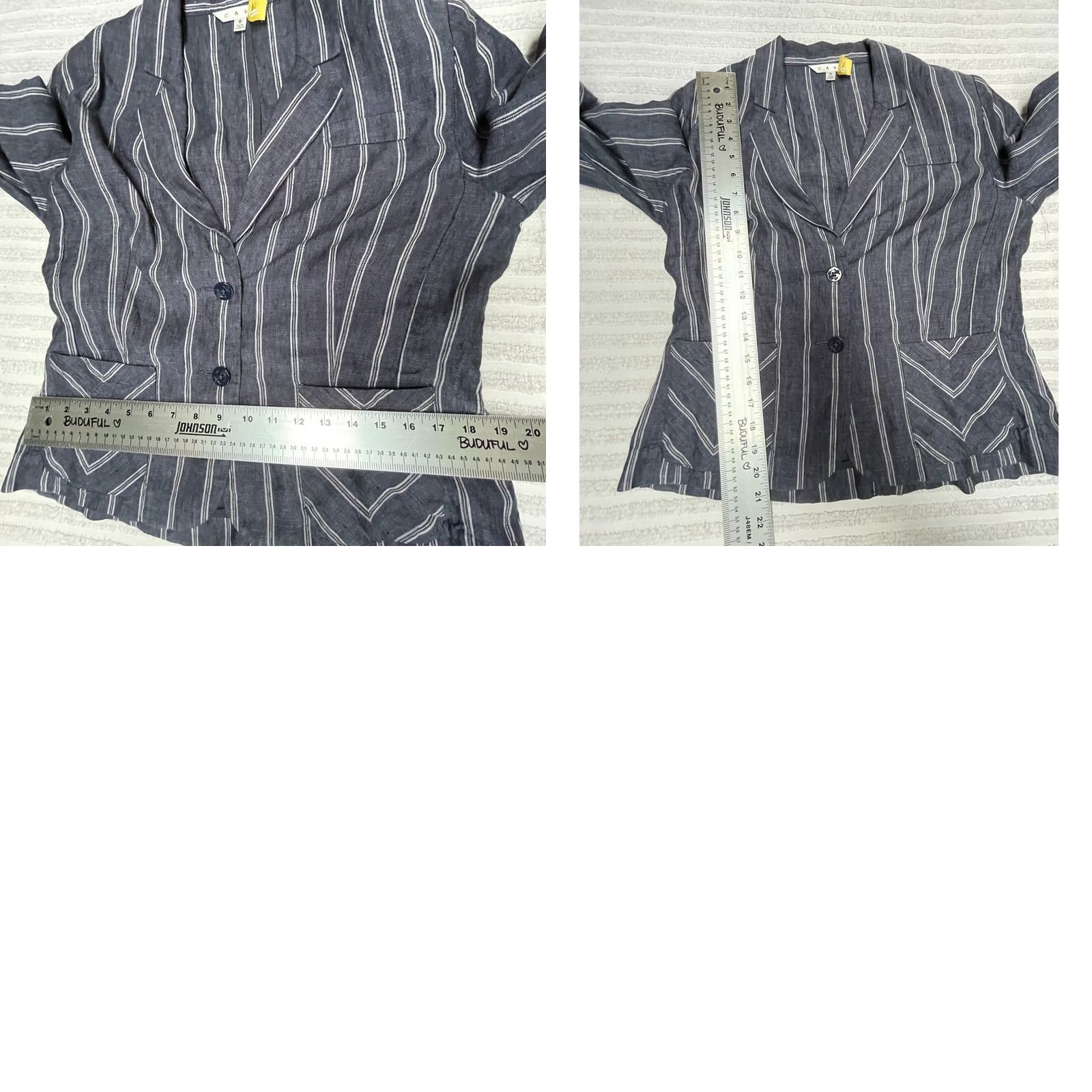 Vintage Cabi Womens Blue White Striped Linen Puff Sleeve Two-Button Blazer Jacket Size 8 Size M / US 6-8 / IT 42-44 - 8 Thumbnail