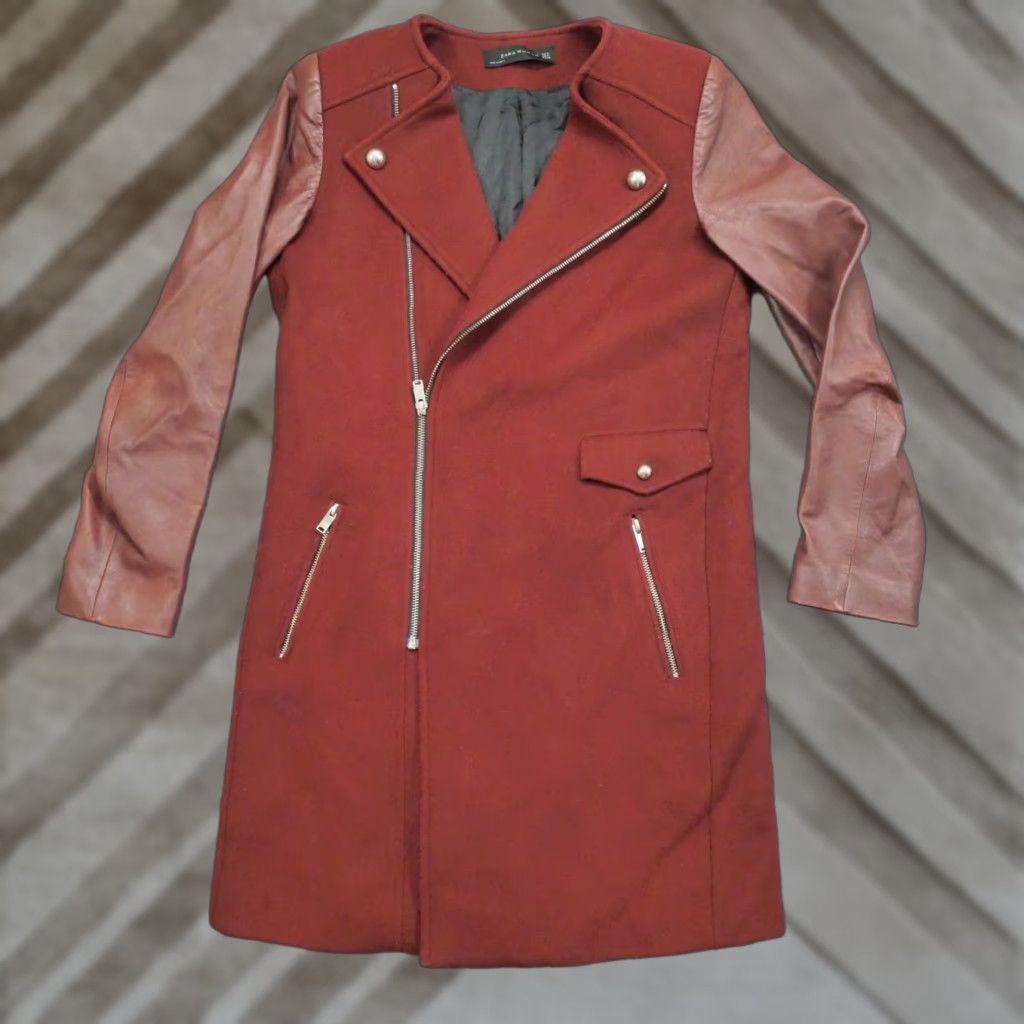 Zara Zara Jacket Womens Small Red Burgundy Wool Leather Blazer Long Asymmetrical Zip Size S / US 4 / IT 40 - 1 Thumbnail