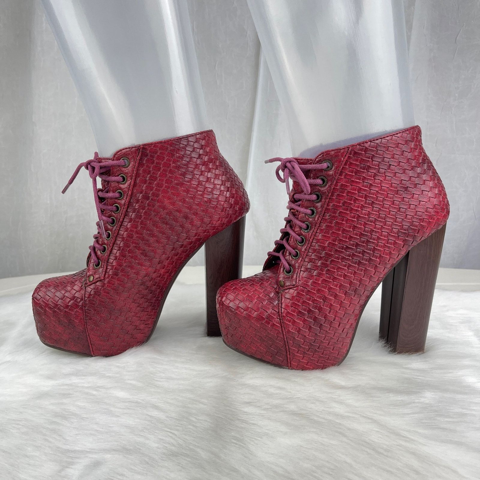Vintage Dark Red Faux Leather Platform High Heel Shoes Ankle Boots Size 6, Women's