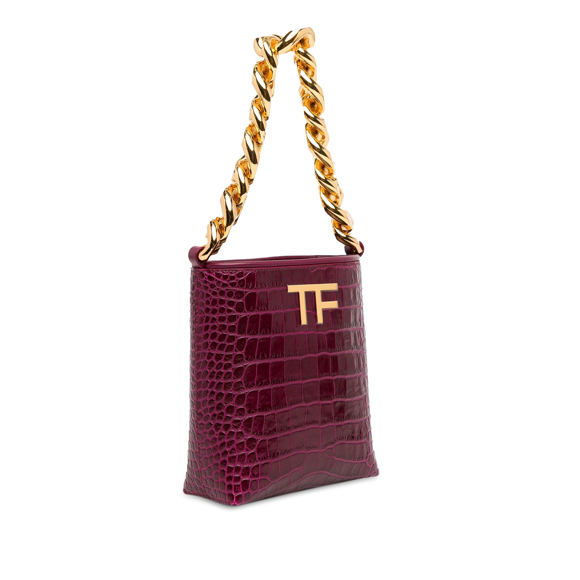 Tom Ford Purple Mini Croc-Embossed Chain Bucket Bag, Women's