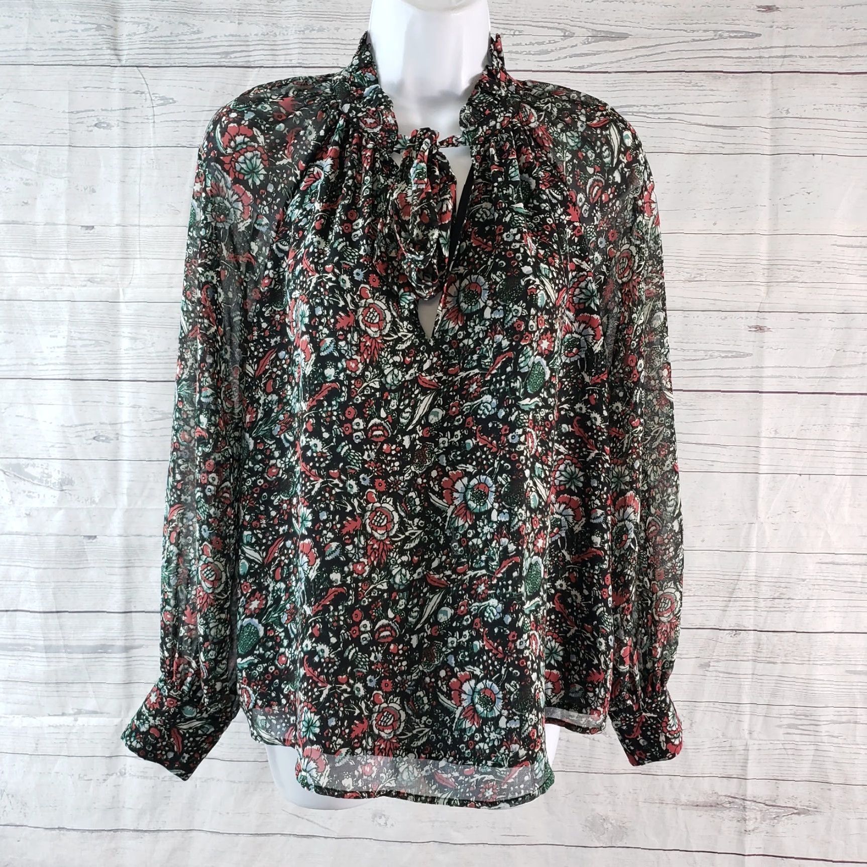 Rebecca Minkoff Rebecca Minkoff Womens Blouse XS Black Green Floral Neck Tie Long Sleeve Size XS / US 0-2 / IT 36-38 - 2 Thumbnail