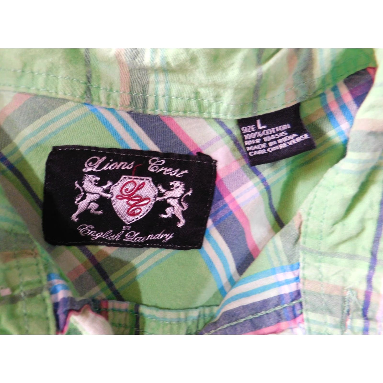 English Laundry Lions Crest English Laundry Mens Shirt Large Green Plaid Button-Down Short Sleeve Collared Knit Cotton Button-Up Mens Regular” Size US L / EU 52-54 / 3 - 7 Thumbnail