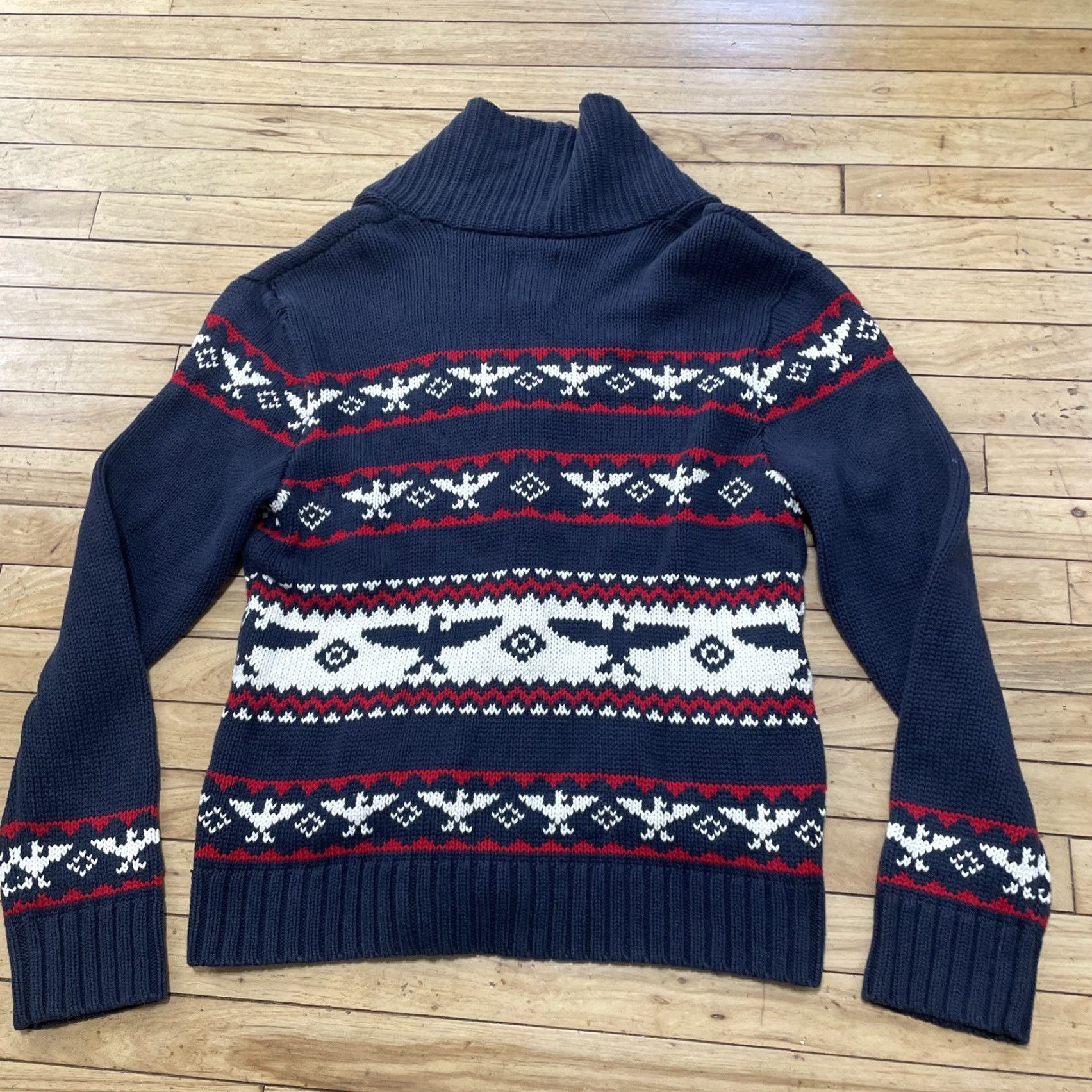 Vintage Salt Valley Cardigan Sweater L Blue Red White Cotton Knit Shawl Collar Casual Mens 90s Lebowski Aztec Fair Isle Pockets Size US L / EU 52-54 / 3 - 2 Thumbnail