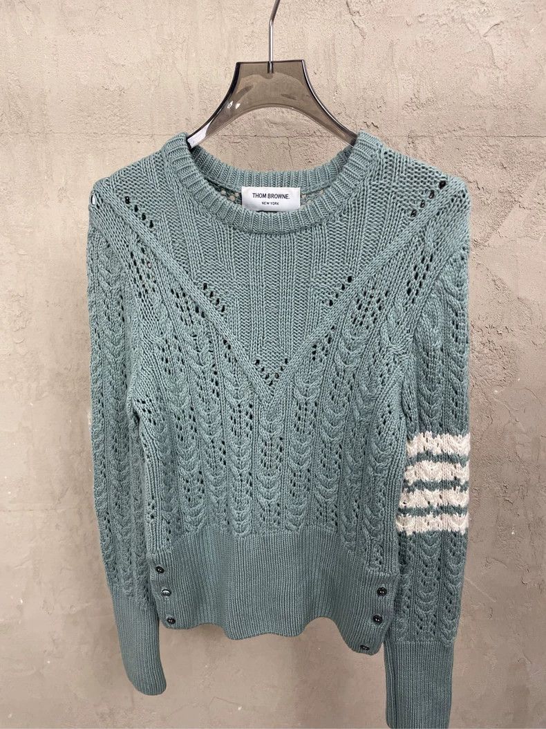 Thom Browne Thom browne Turquoise four-striped round-neck wool sweater Size XS / US 0-2 / IT 36-38 - 3 Thumbnail
