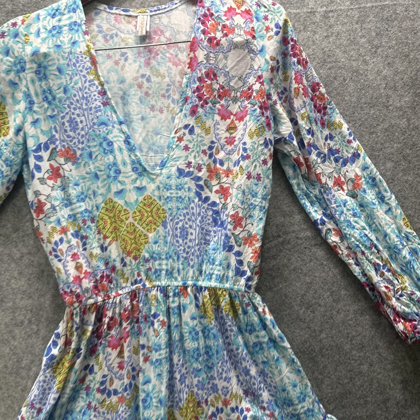 Vintage Luli Fama Dress Womens M Blue Floral Boho Ruffle Hem Long Sleeve Mini Beach Size M / US 6-8 / IT 42-44 - 6 Thumbnail