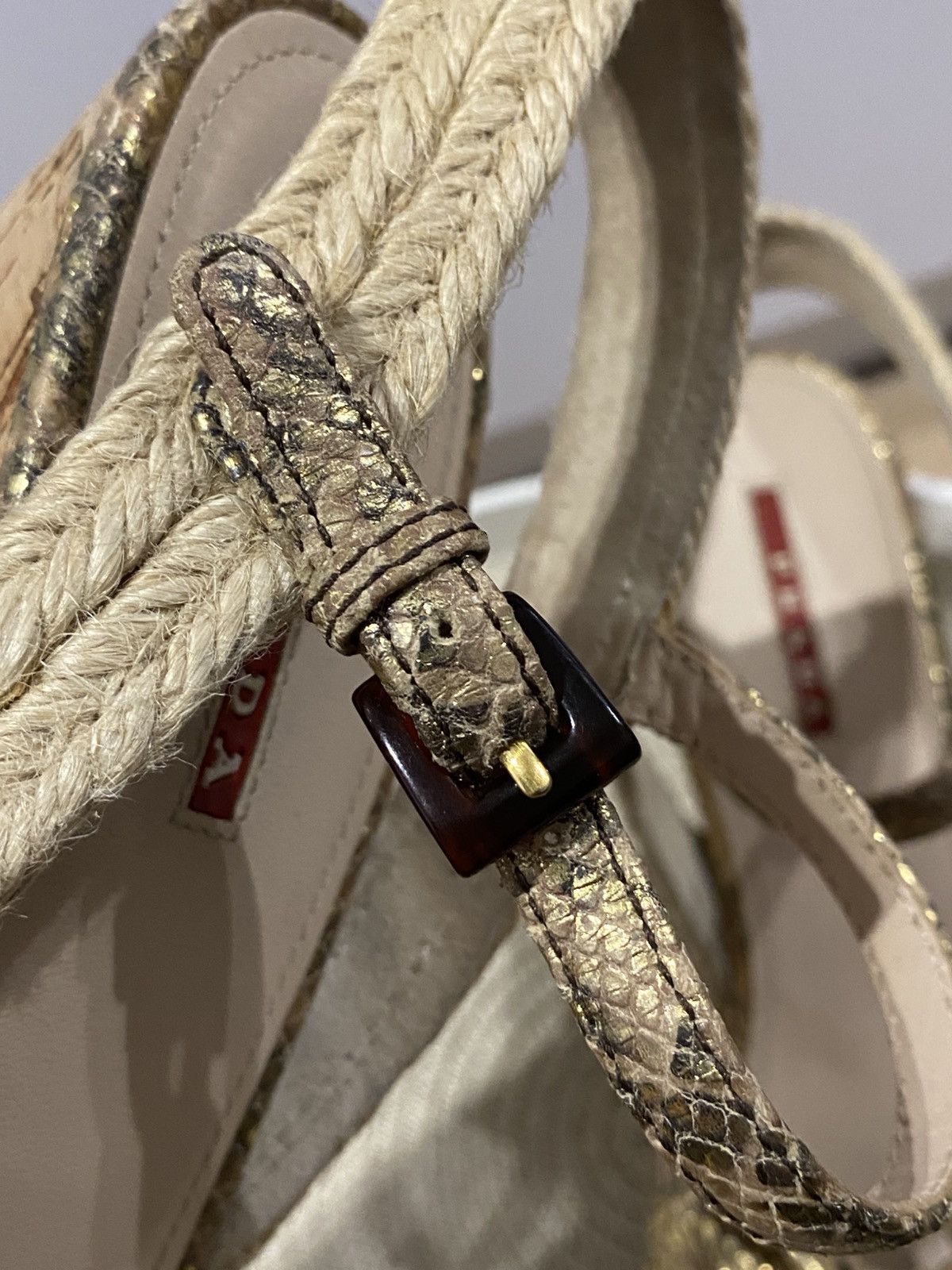Prada Prada Bow Sandals with Ankle Strap Gold Snakeskin Leather Size US 11 / IT 41 - 5 Thumbnail