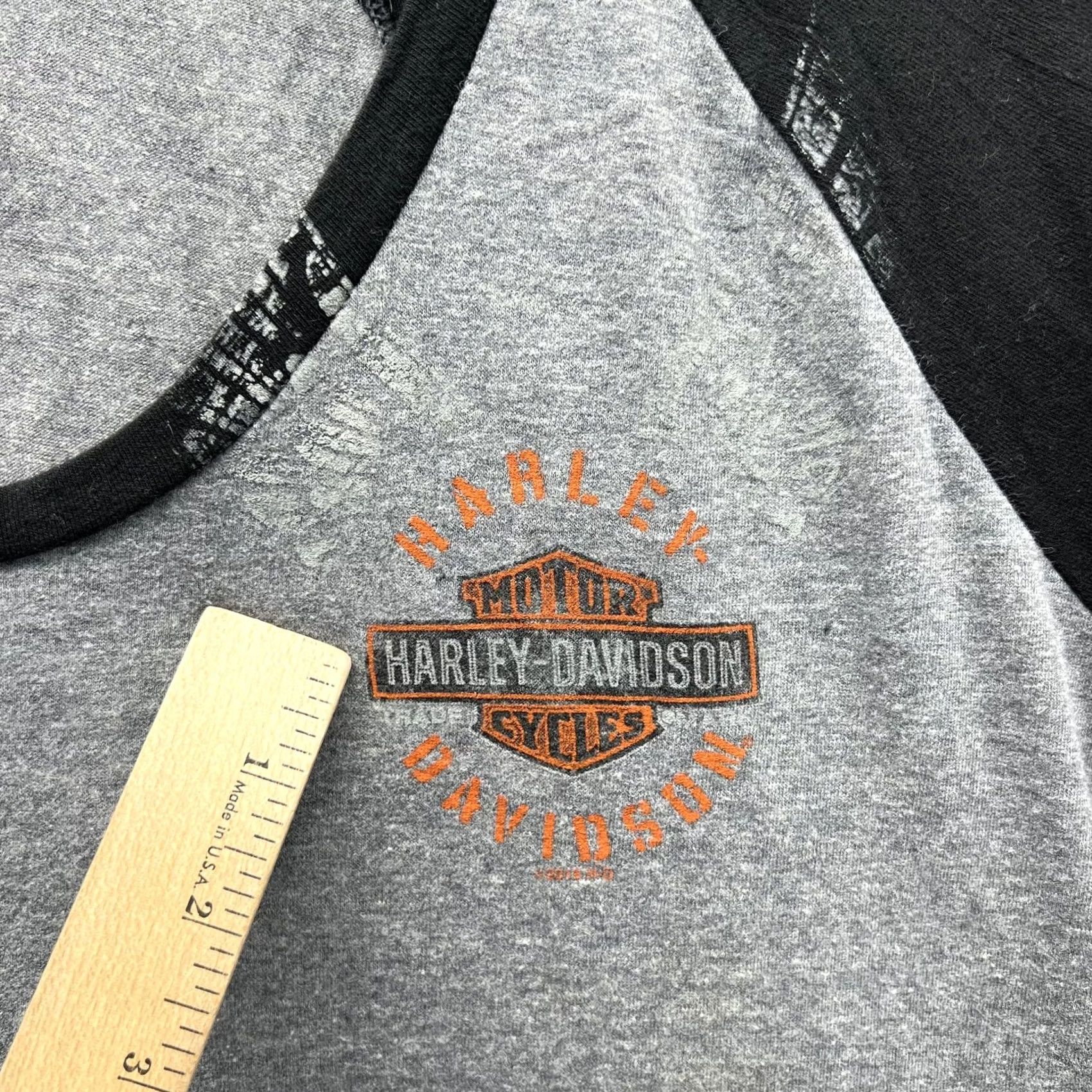 Harley Davidson VINTAGE Harley-Davidson Shirt Womens XL Gray Black Raglan Scoop Neck Sheldons Auburn MA Size XL / US 12-14 / IT 48-50 - 6 Thumbnail